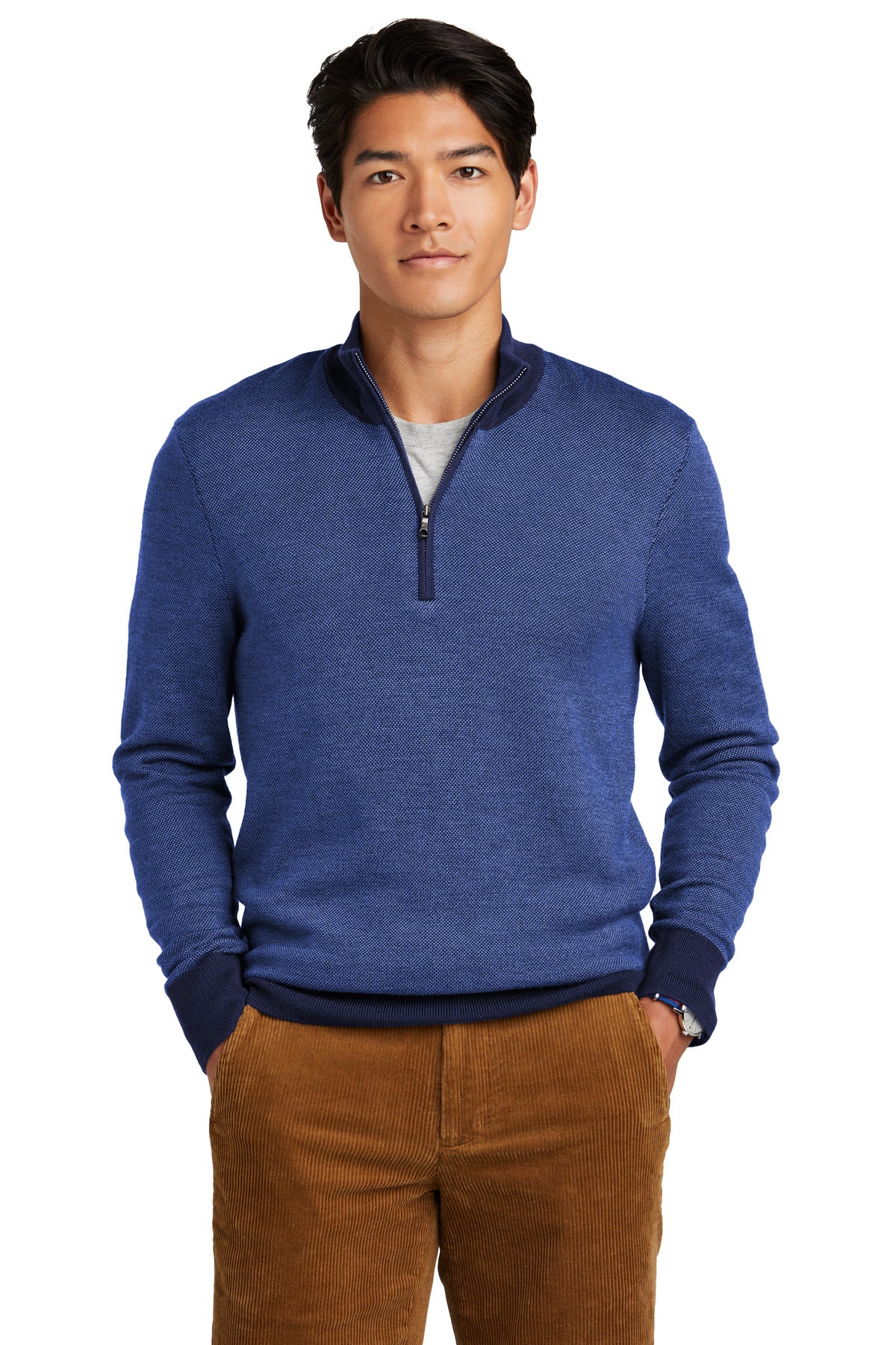 Front View of Nv/CompssB Brooks Brothers Washable Merino Birdseye 1/4-Zip Sweater BB18412