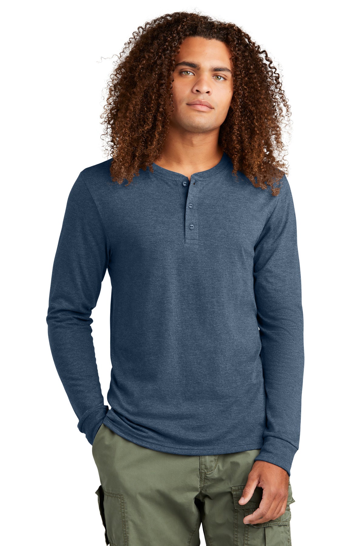 Front View of NvyFrost District Perfect Tri Long Sleeve Henley DT145