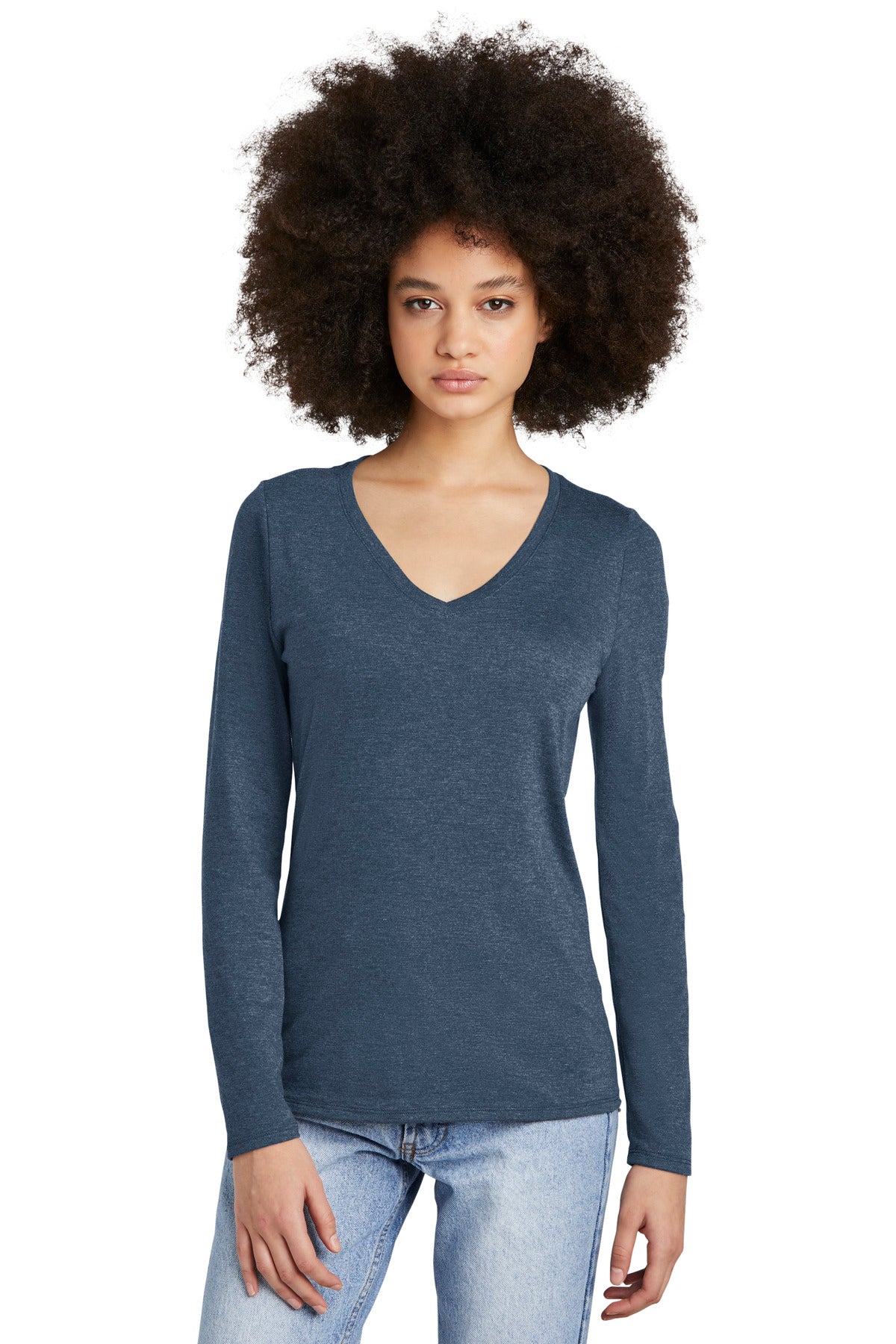 Front View of NvyFrost District Women's Perfect Tri Long Sleeve V-Neck Tee DT135