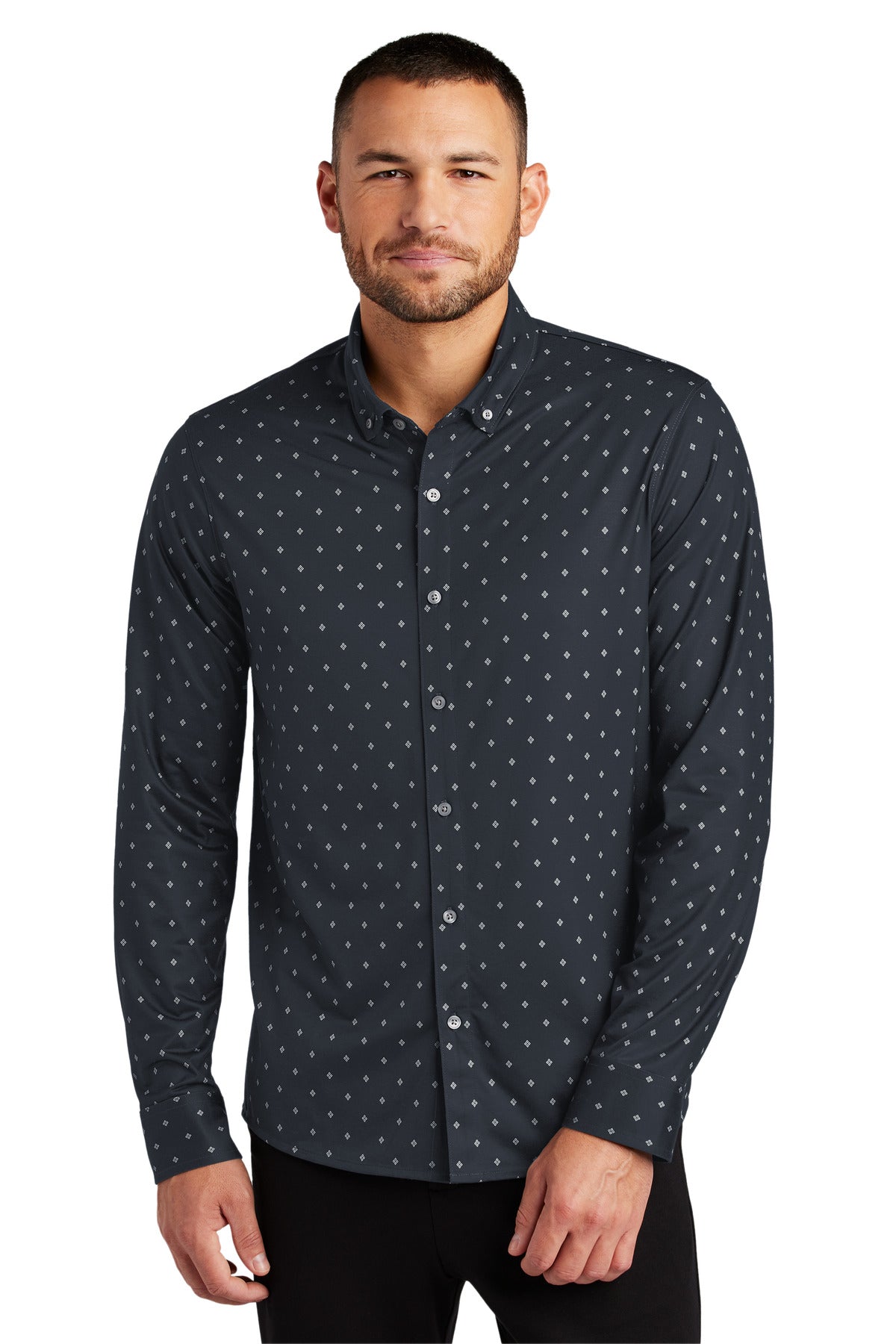 Front View of NvyGeoDmnd Mercer+Mettle Stretch Jersey Long Sleeve Shirt MM1018