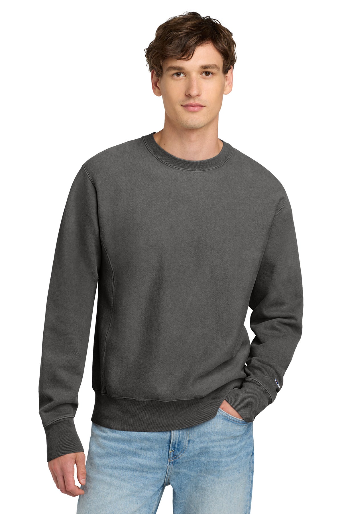 Front View of NwRailroad Champion Reverse Weave Garment-Dyed Crewneck Sweatshirt. GDS149
