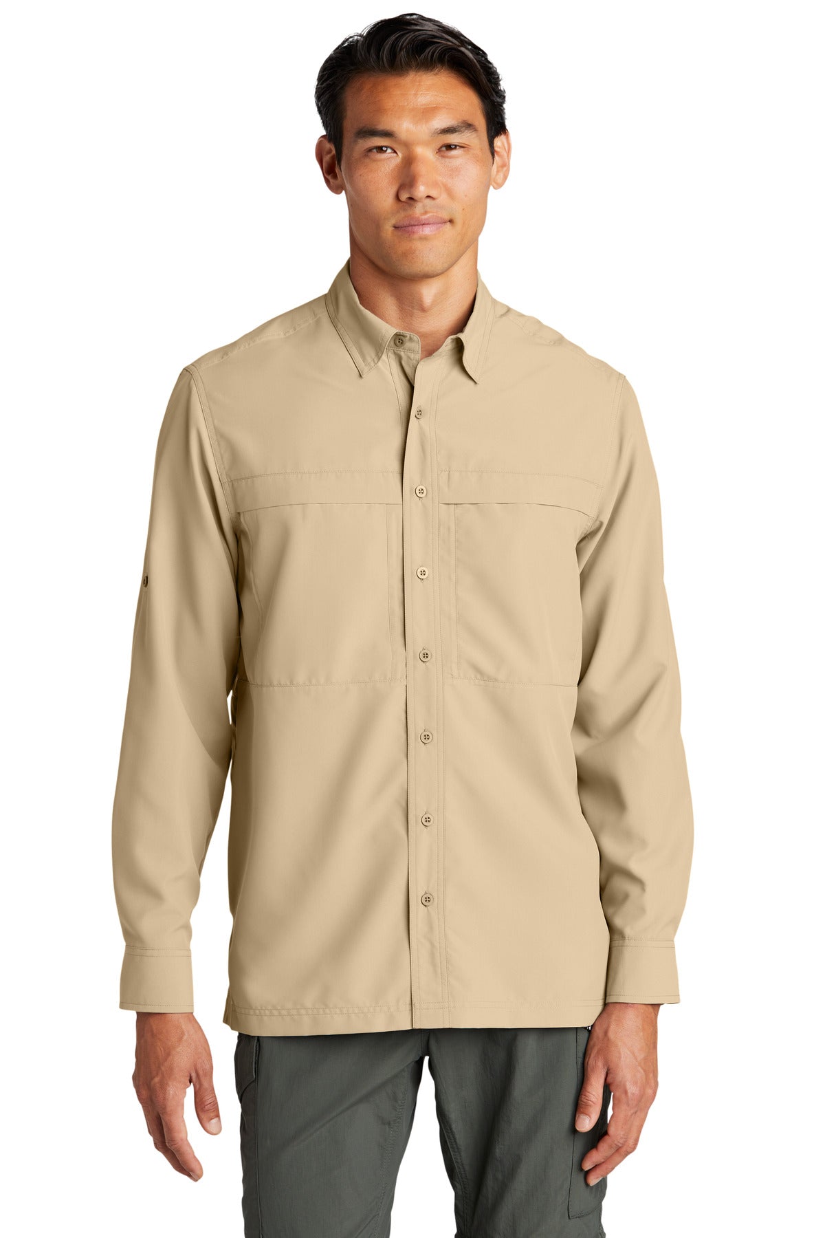 Front View of Oat Port Authority Long Sleeve UV Daybreak Shirt W960