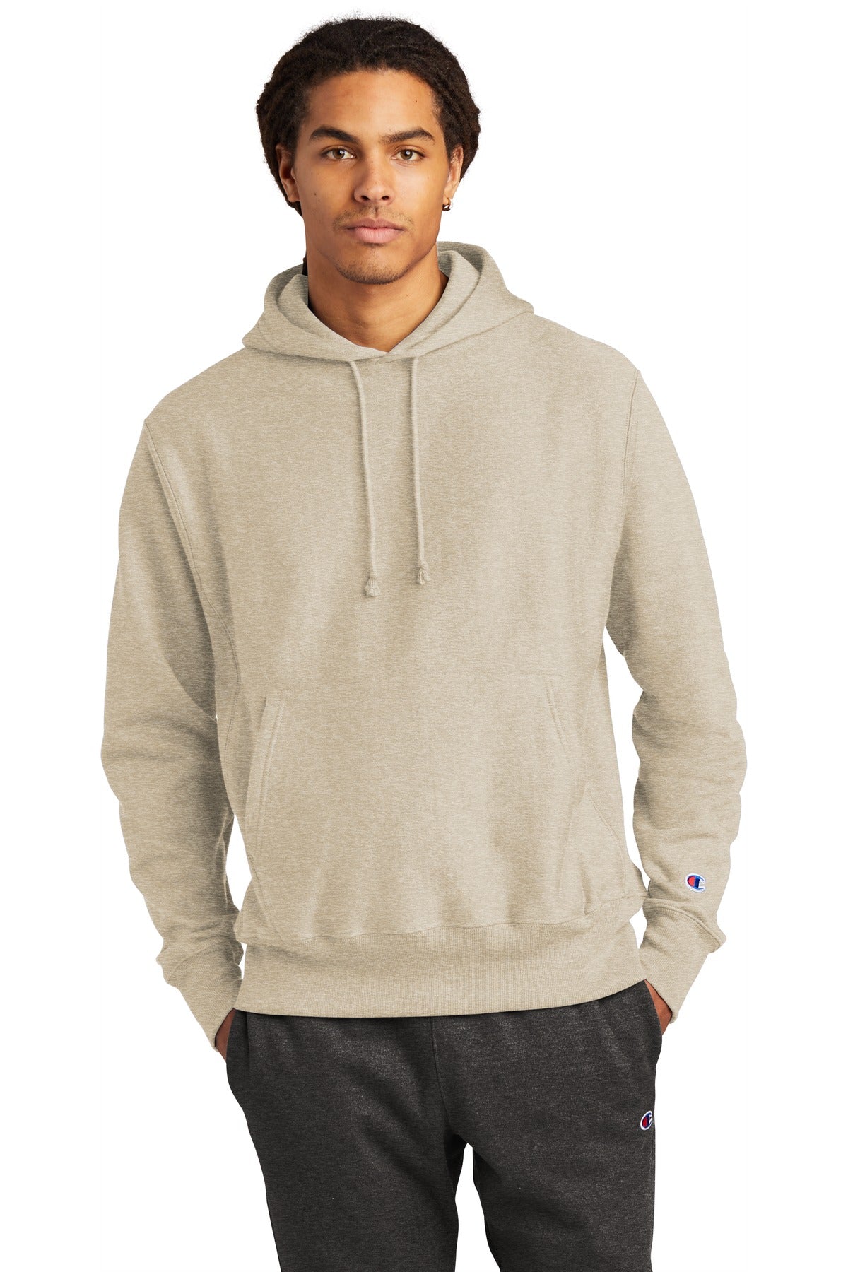 Front View of OatHthr Champion Reverse Weave Hooded Sweatshirt S101