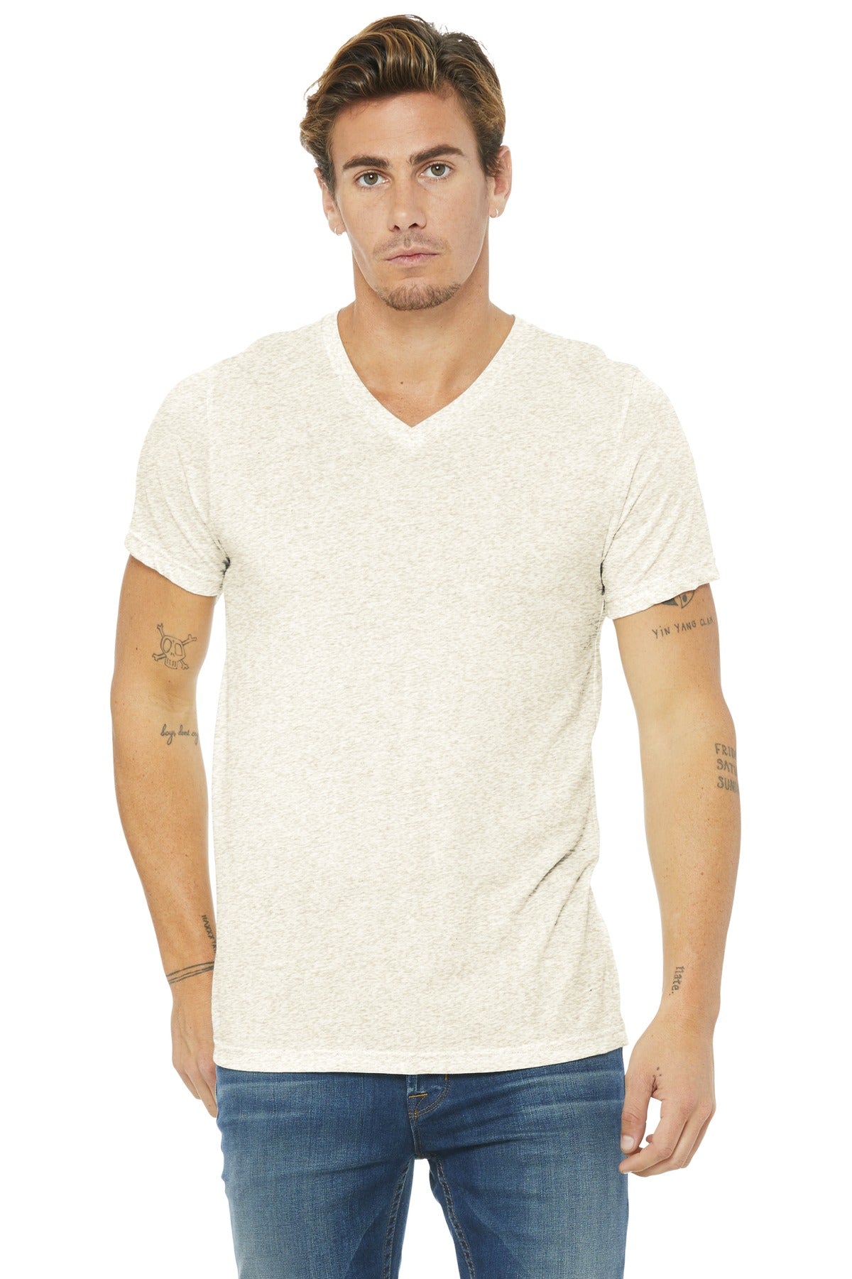 Front View of Oatmeal TB BELLA+CANVAS Unisex Triblend Short Sleeve V-Neck Te. BC3415