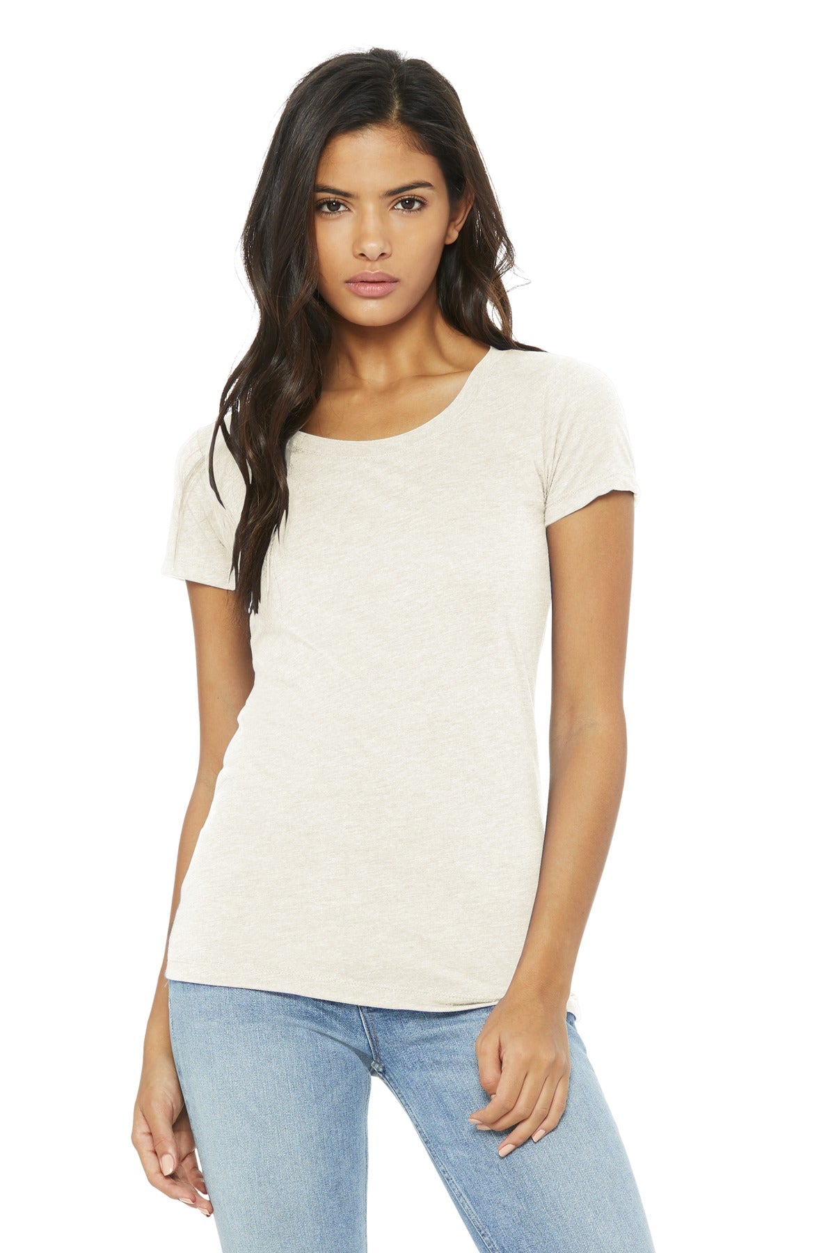 Front View of Oatmeal TB BELLA+CANVAS Women's Triblend Short Sleeve Tee. BC8413