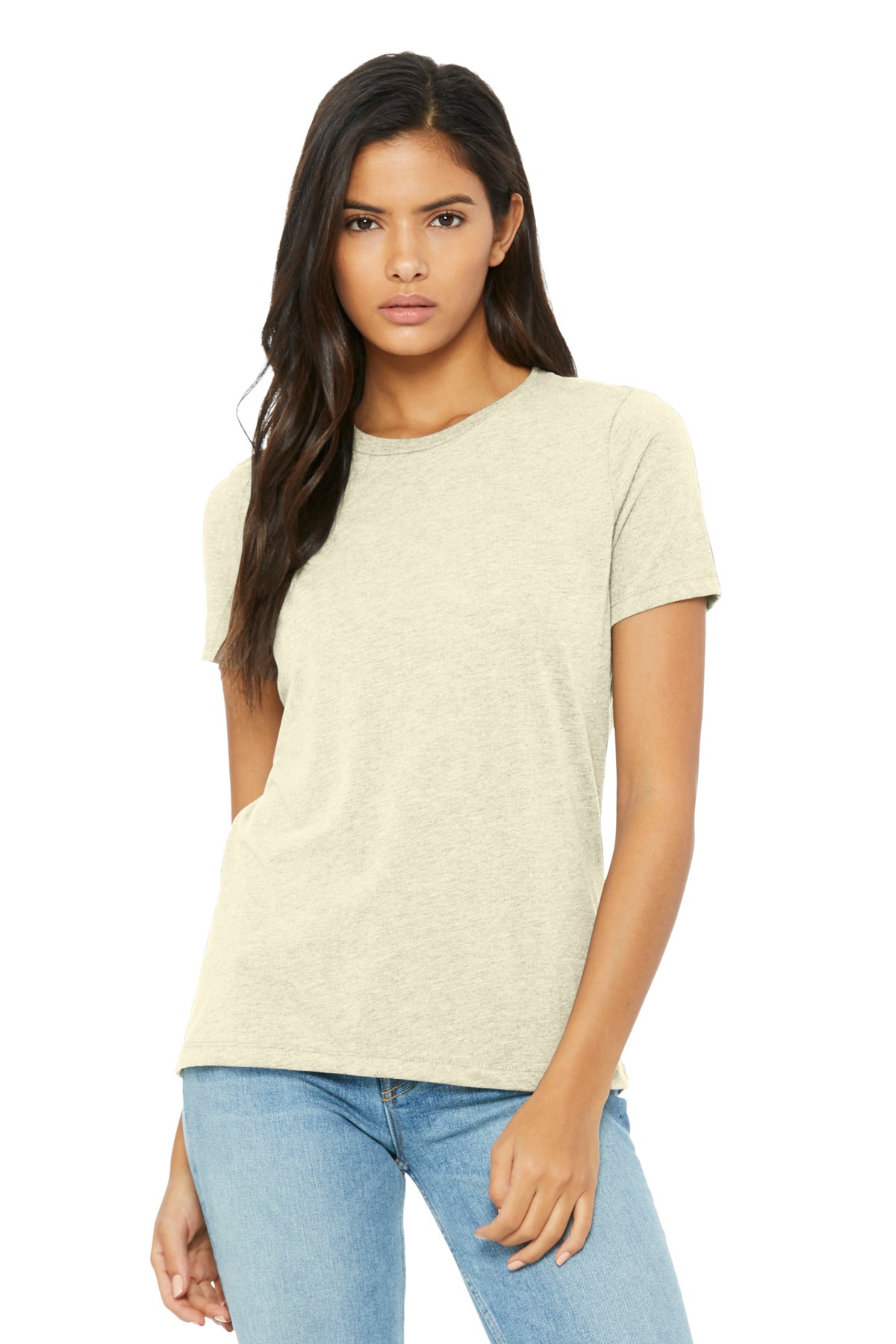 Front View of OatmealTB BELLA+CANVAS Women's Relaxed Triblend Tee BC6413
