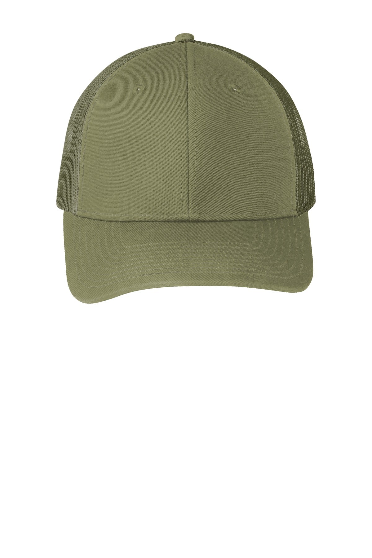 Front View of Olive Drab Grn Port Authority Snapback Trucker Cap. C112