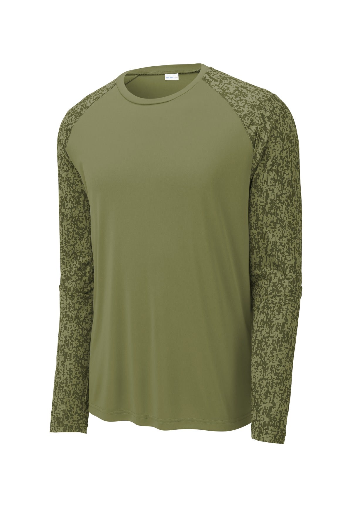Front View of Olive Drab Grn Sport-Tek Long Sleeve Digi Camo Tee. ST460LS
