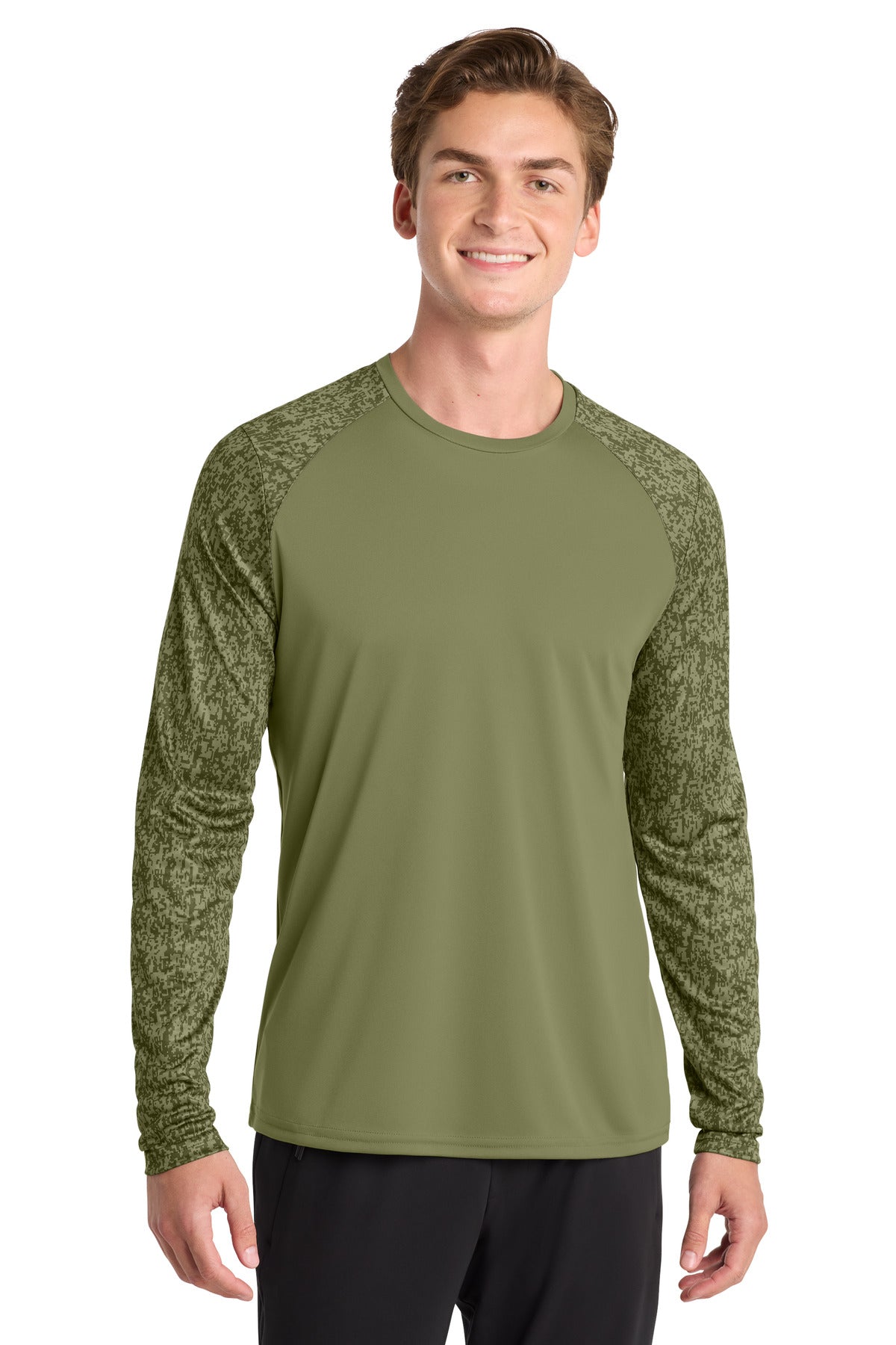 Front View of Olive Drab Grn Sport-Tek Long Sleeve Digi Camo Tee. ST460LS
