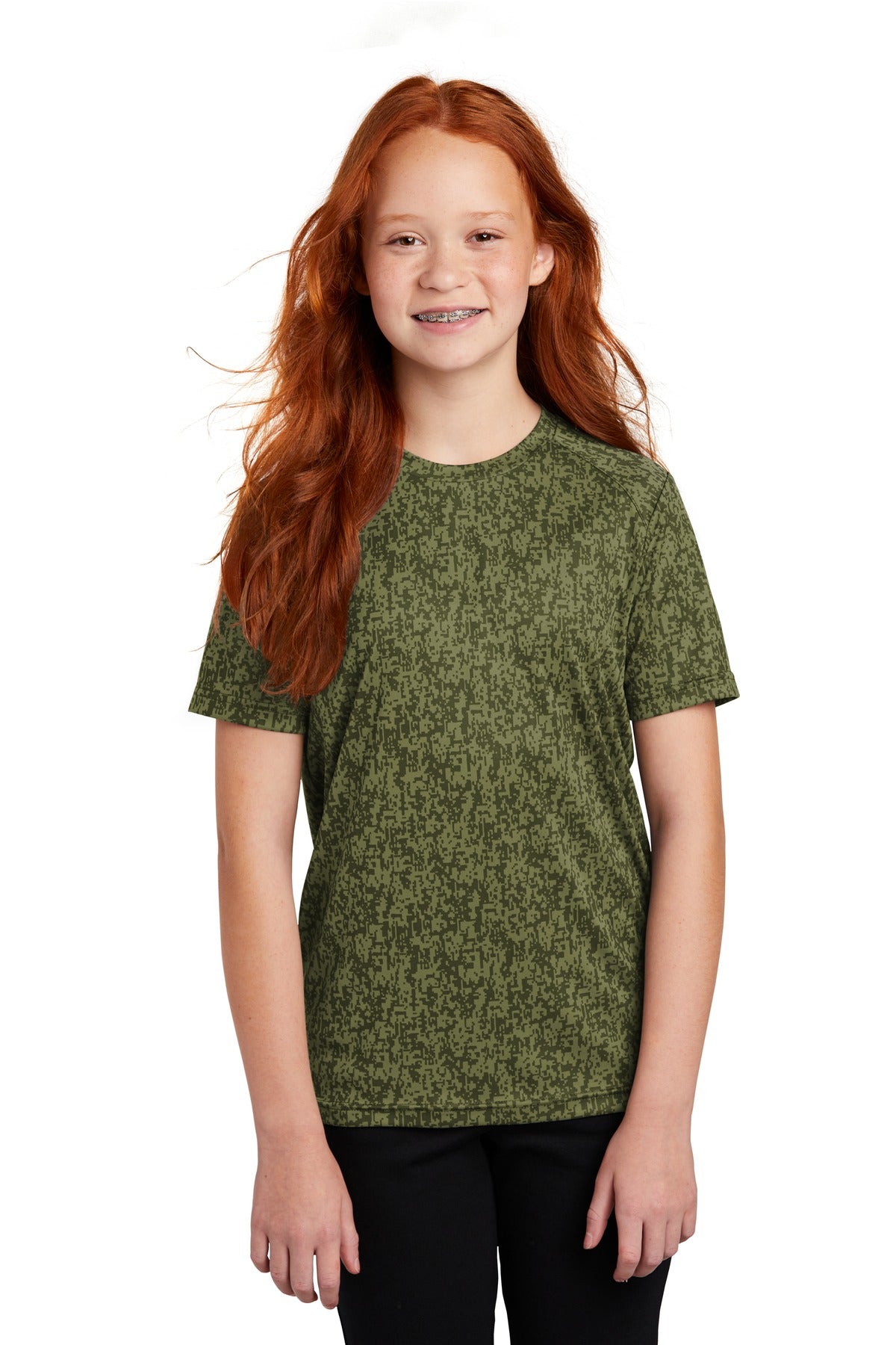 Front View of Olive Drab Grn Sport-Tek Youth Digi Camo Tee. YST460