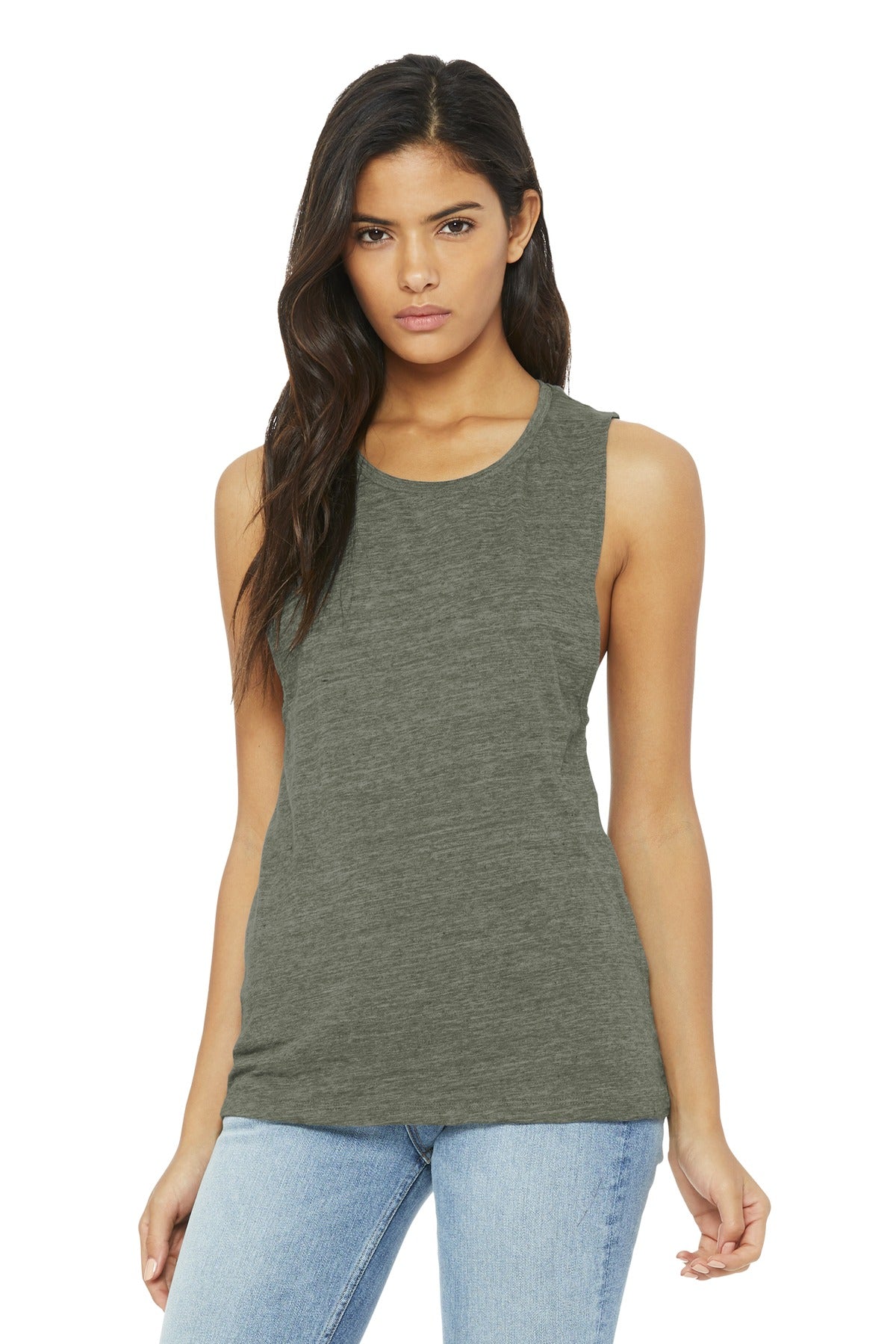 Front View of Olive Slub BELLA+CANVAS Women's Flowy Scoop Muscle Tank. BC8803