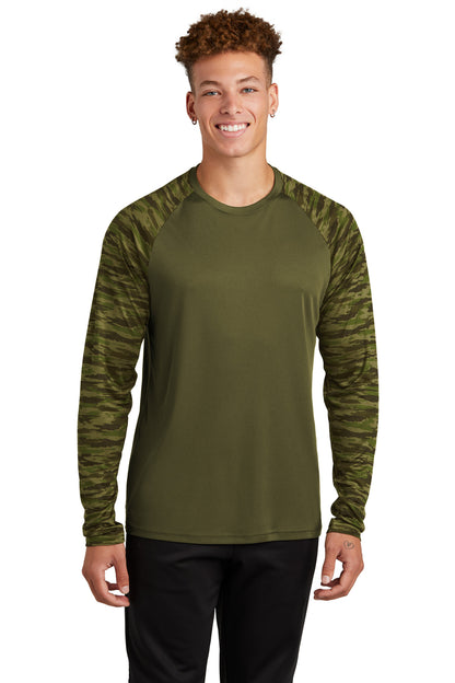 Front View of OlvDrabGn Sport-Tek Drift Camo Colorblock Long Sleeve Tee ST376LS