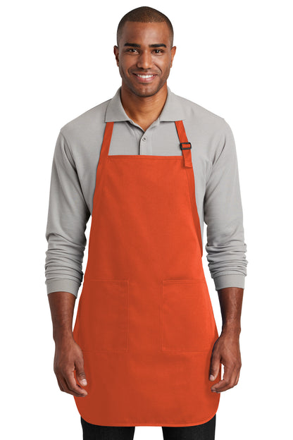 Front View of Orange Port Authority Full-Length Two-Pocket Bib Apron. A600