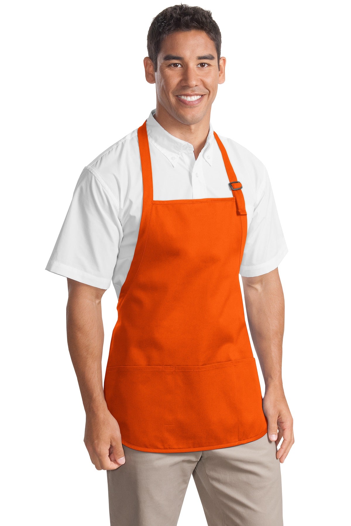Front View of Orange Port Authority Medium-Length Apron with Pouch Pockets. A510