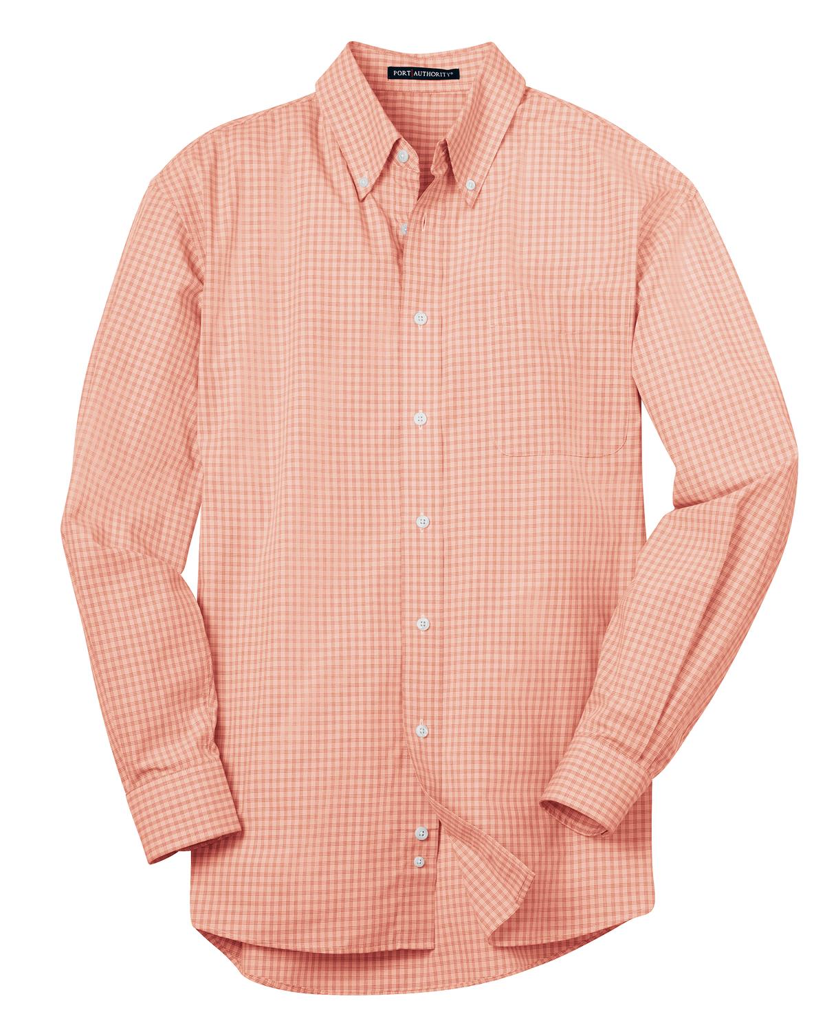 Front View of Orange Port Authority Plaid Pattern Easy Care Shirt. S639