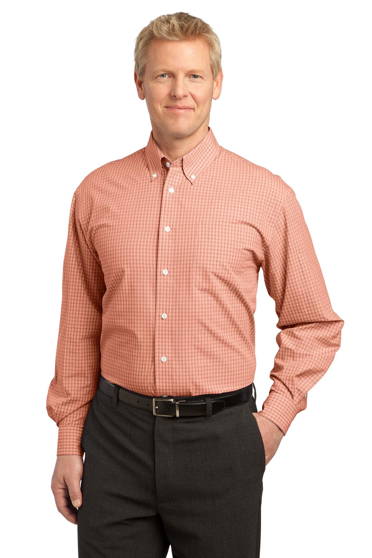 Front View of Orange Port Authority Plaid Pattern Easy Care Shirt. S639