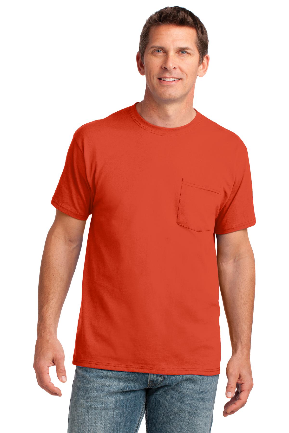 Front View of Orange Port & Company Core Cotton Pocket Tee. PC54P