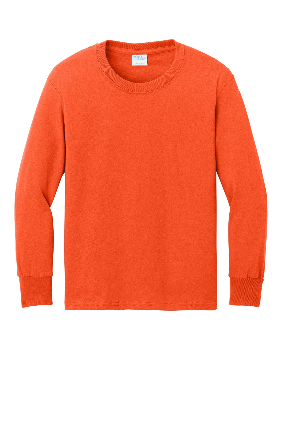 Front View of Orange Port & Company Youth Long Sleeve Core Cotton Tee. PC54YLS