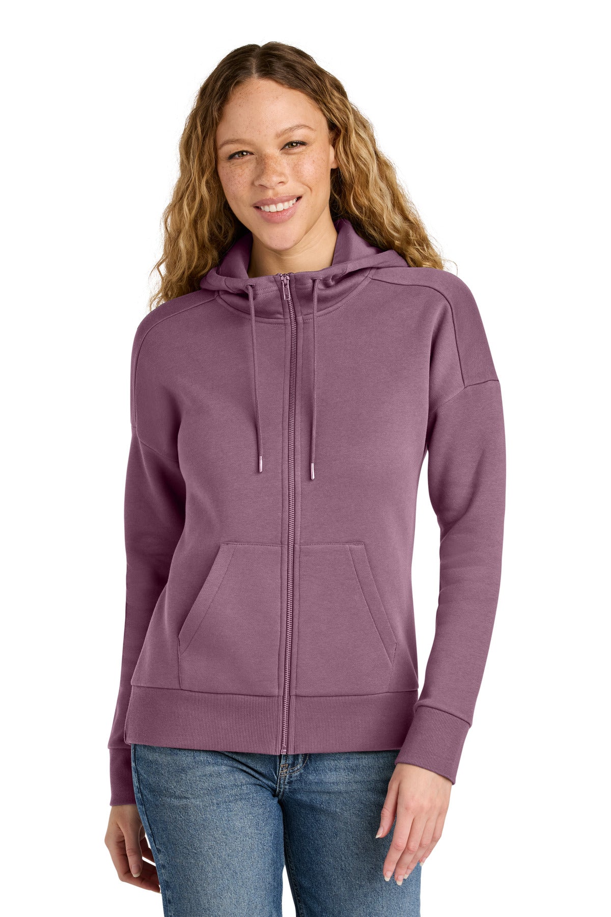 Front View of OrchidHaze District Women's Perfect Weight Fleece Drop Shoulder Full-Zip Hoodie DT1104