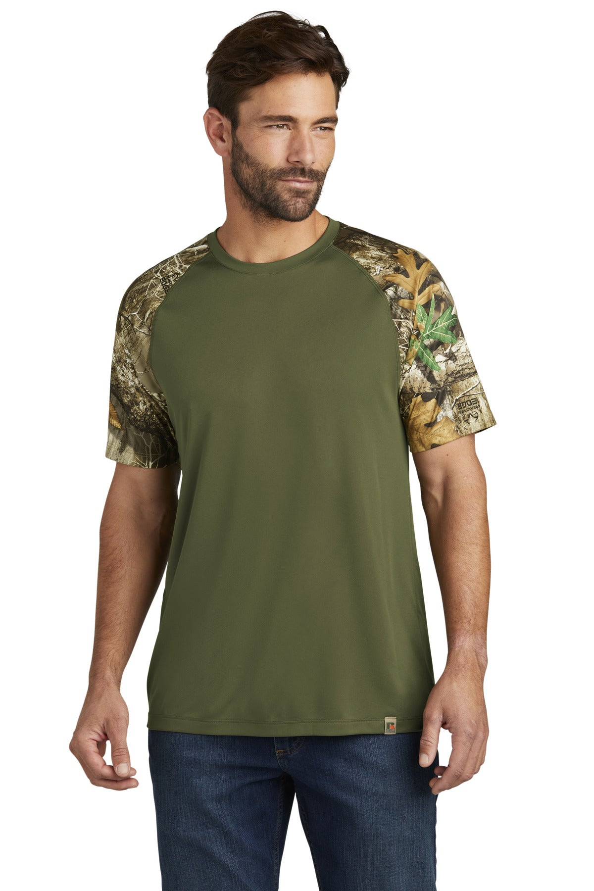 Front View of OvDbG/RTEd Russell Outdoors Realtree Colorblock Performance Tee RU151