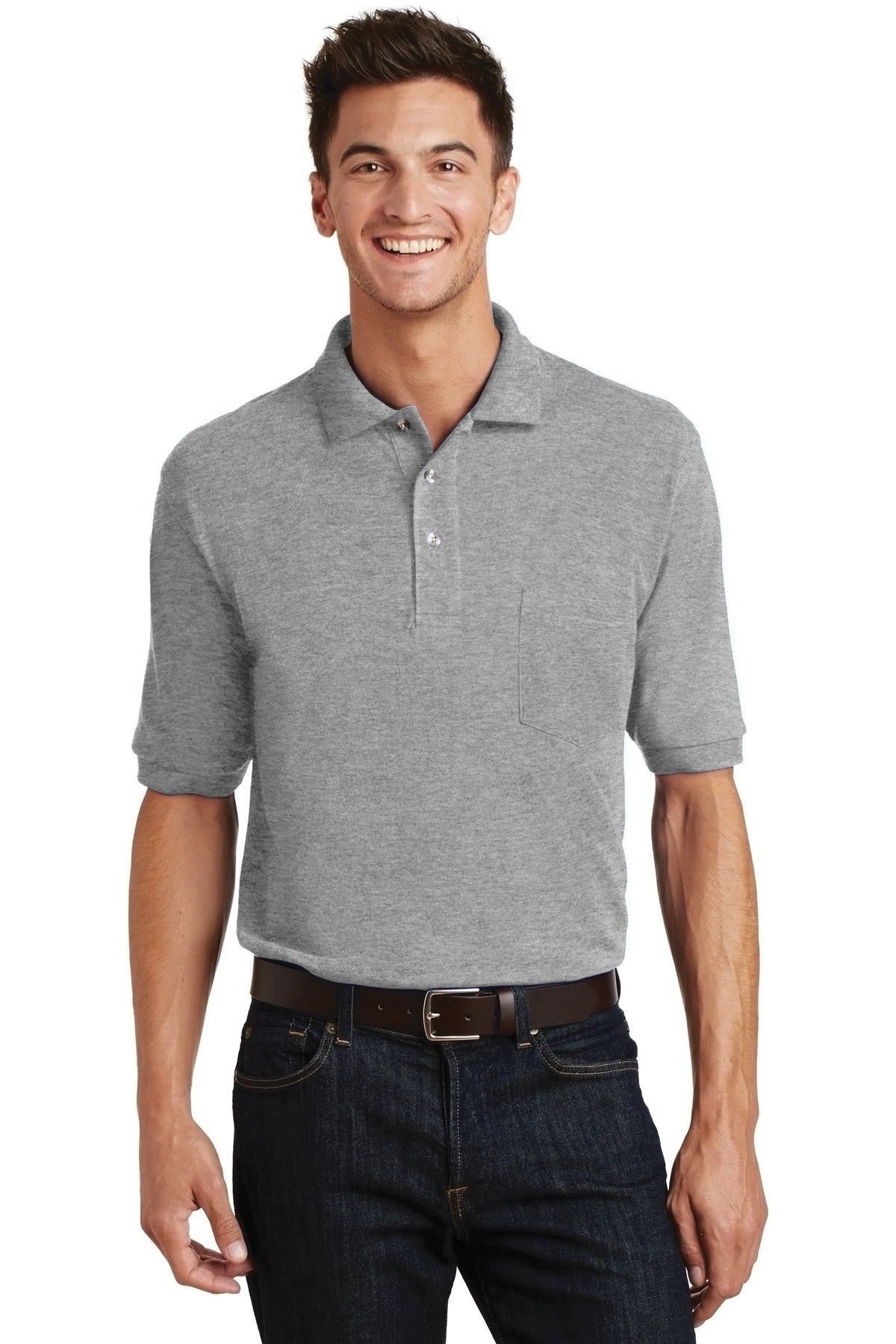Front View of Oxford Port Authority Heavyweight Cotton Pique Polo with Pocket. K420P
