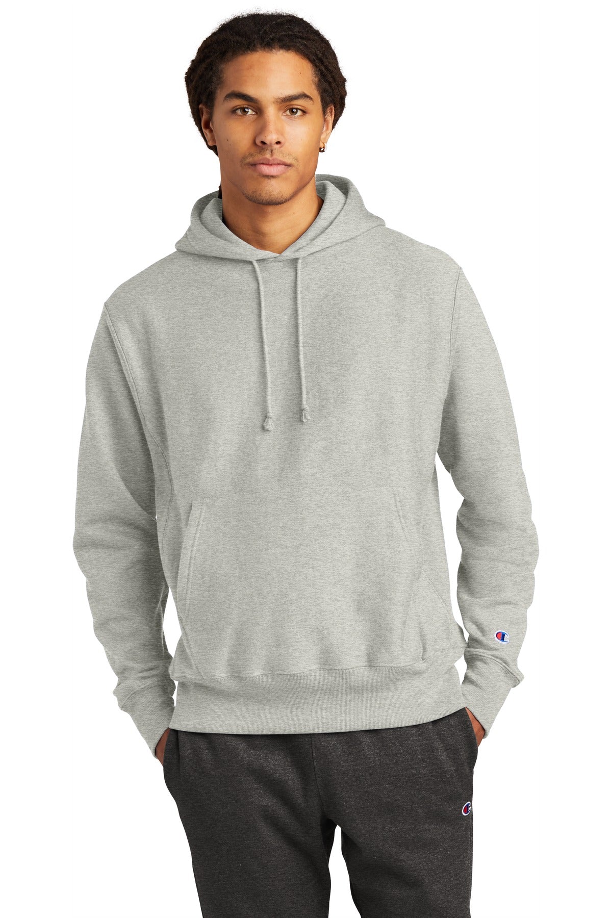 Front View of OxfordGrey Champion Reverse Weave Hooded Sweatshirt S101