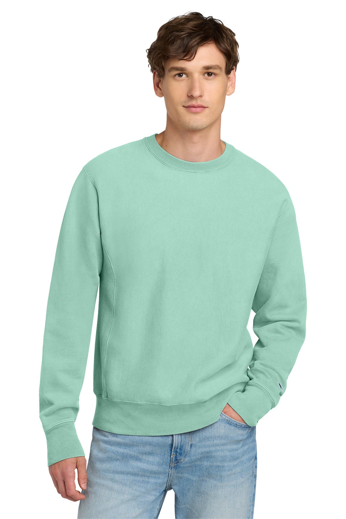 Front View of PaleSeafm Champion Reverse Weave Garment-Dyed Crewneck Sweatshirt. GDS149
