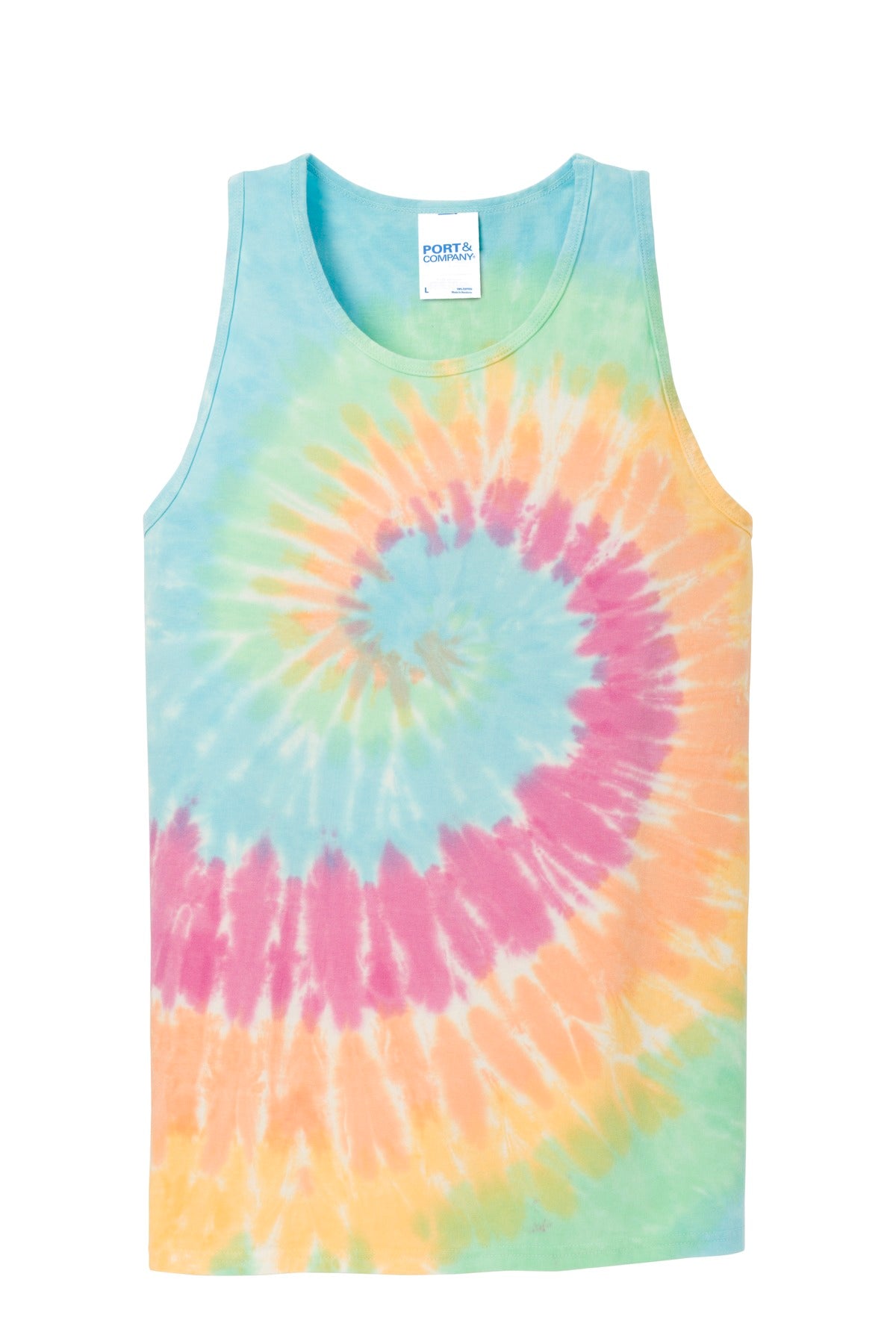 Front View of Pastel Rainbow Port & Company Tie-Dye Tank Top. PC147TT
