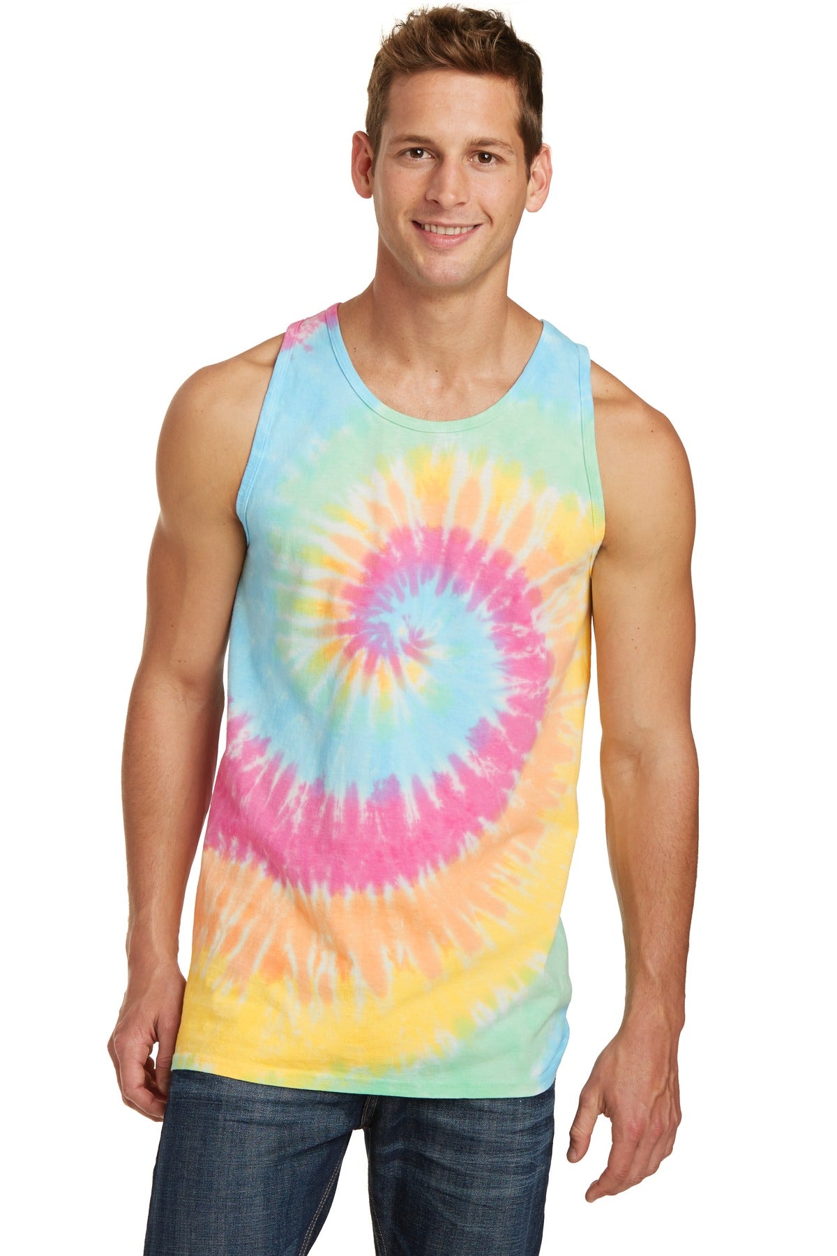 Front View of Pastel Rainbow Port & Company Tie-Dye Tank Top. PC147TT
