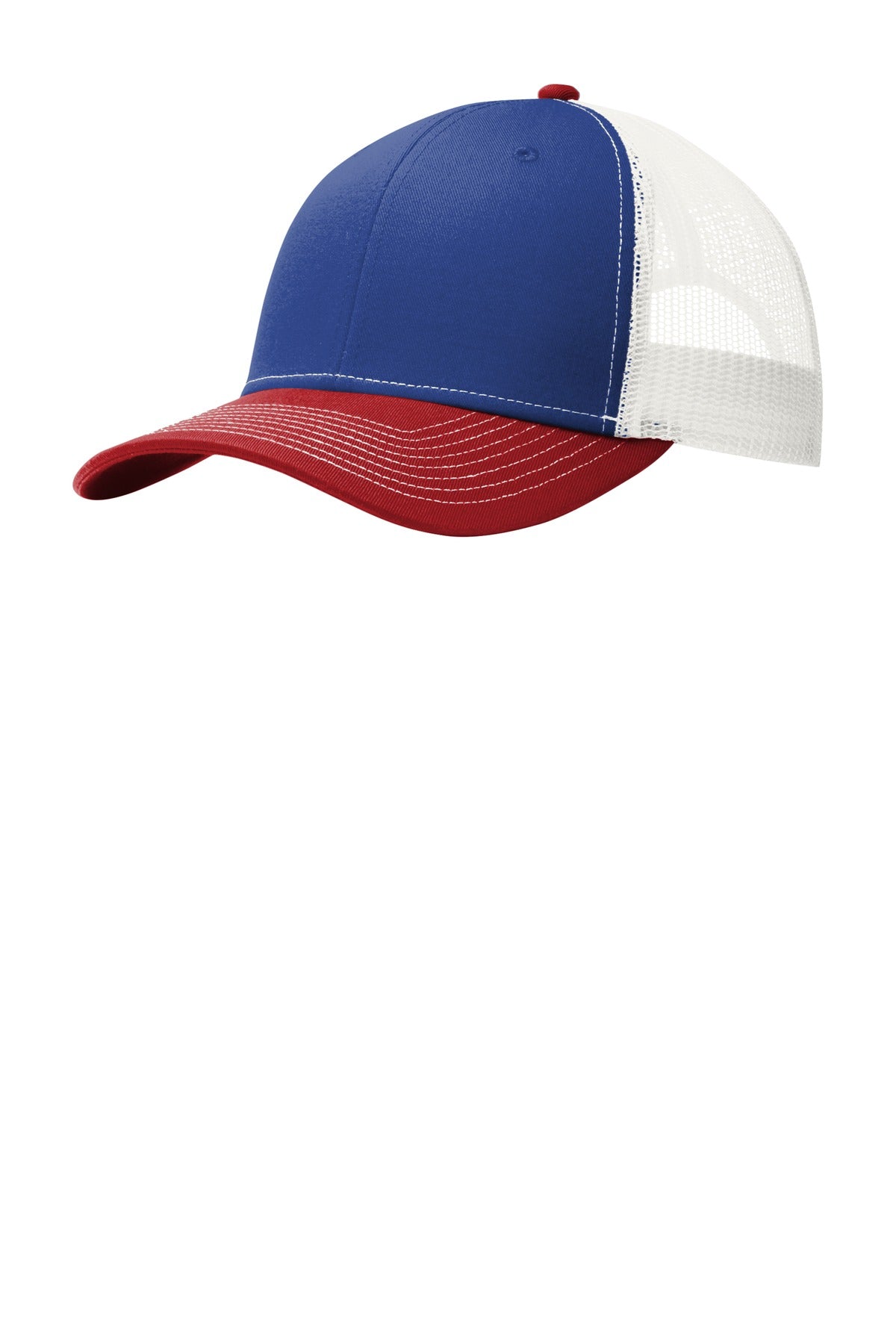 Front View of Pat Bl/F Rd/Wh Port Authority Snapback Trucker Cap. C112