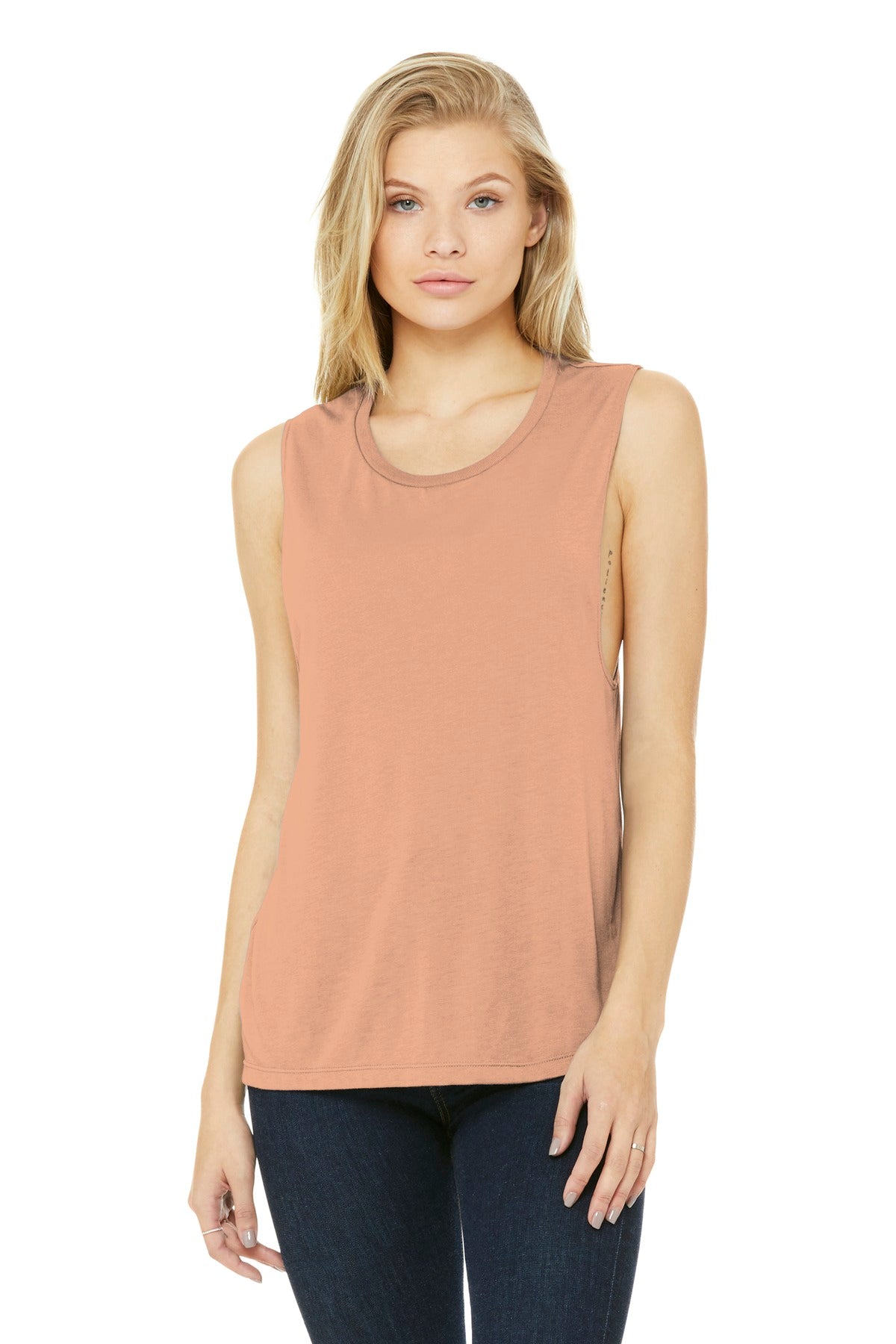 Front View of Peach BELLA+CANVAS Women's Flowy Scoop Muscle Tank. BC8803