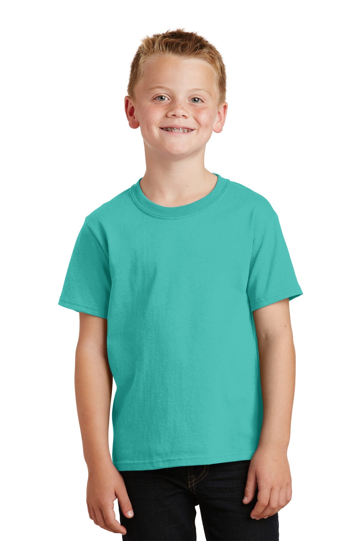 Front View of Peacock Port & Company Youth Beach Wash Garment-Dyed Tee. PC099Y