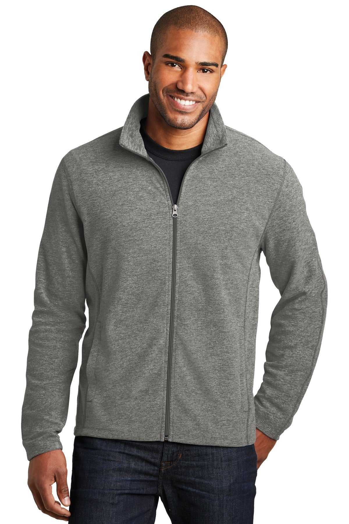 Front View of Pearl Grey Hea Port Authority Heather Microfleece Full-Zip Jacket. F235