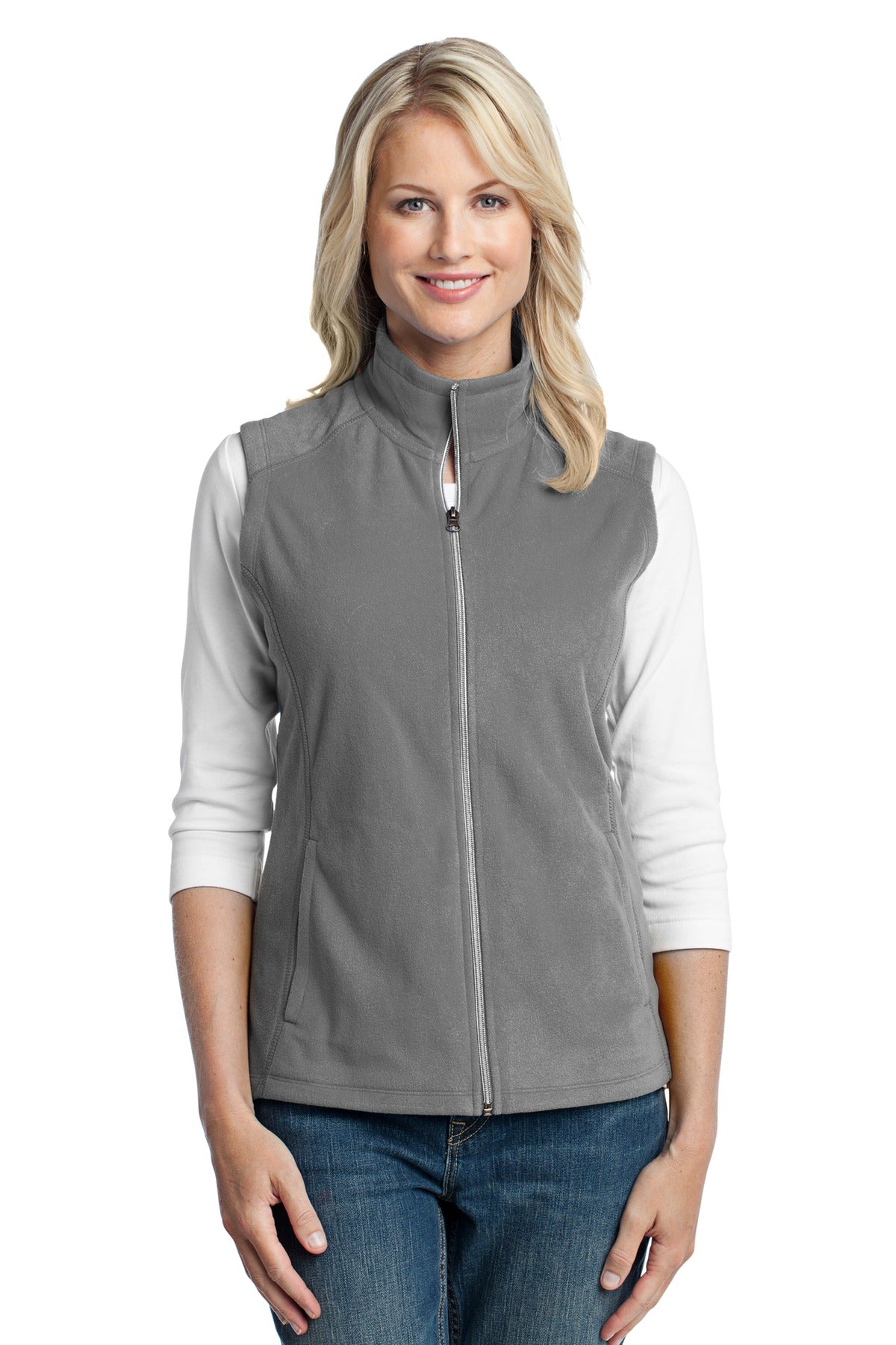 Front View of Pearl Grey Port Authority Women's Microfleece Vest. L226