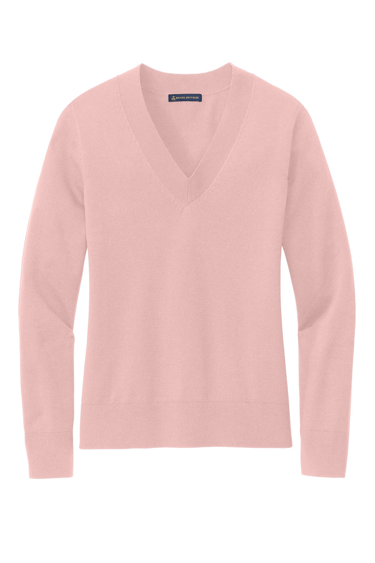 Front View of PearlPink Brooks Brothers Women's Cotton Stretch V-Neck Sweater BB18401