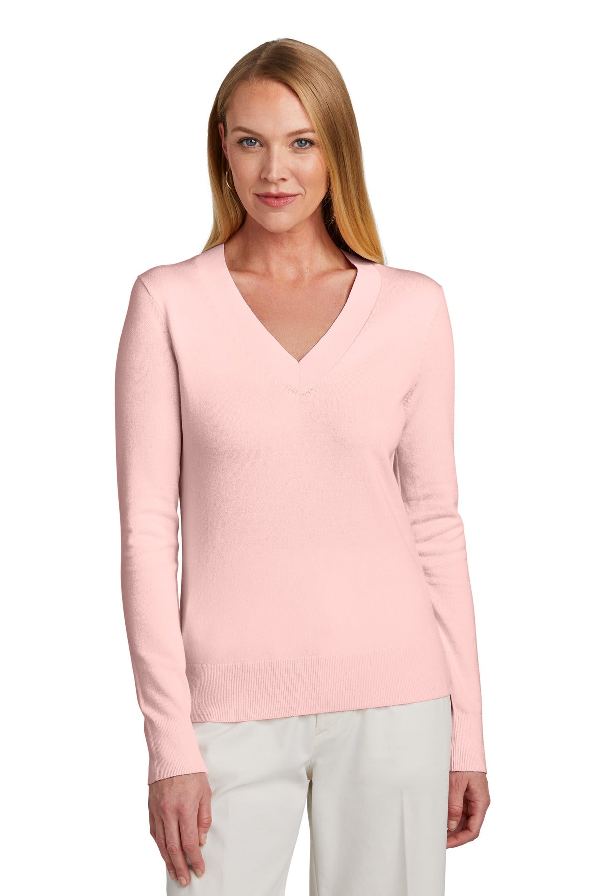Front View of PearlPink Brooks Brothers Women's Cotton Stretch V-Neck Sweater BB18401