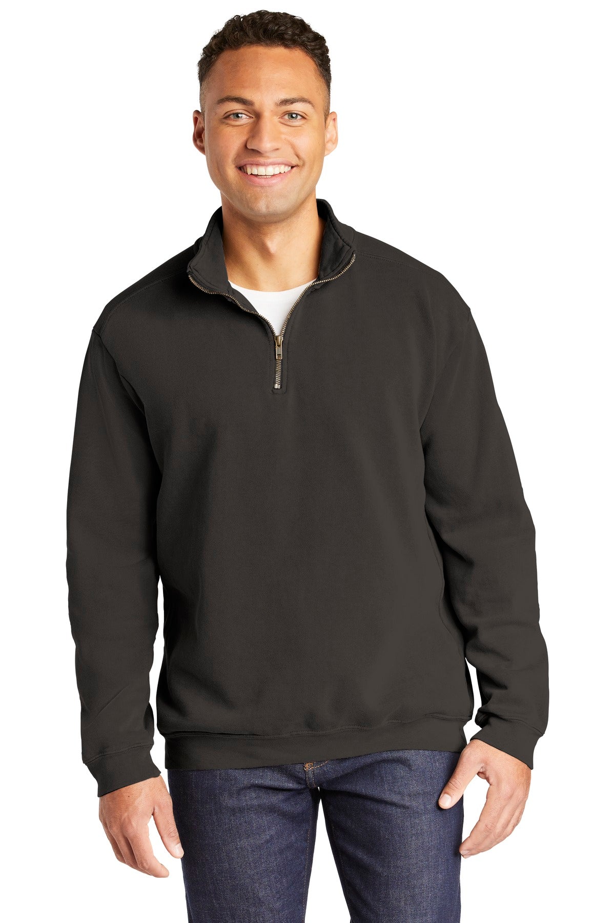 Front View of Pepper COMFORT COLORS Ring Spun 1/4-Zip Sweatshirt. 1580