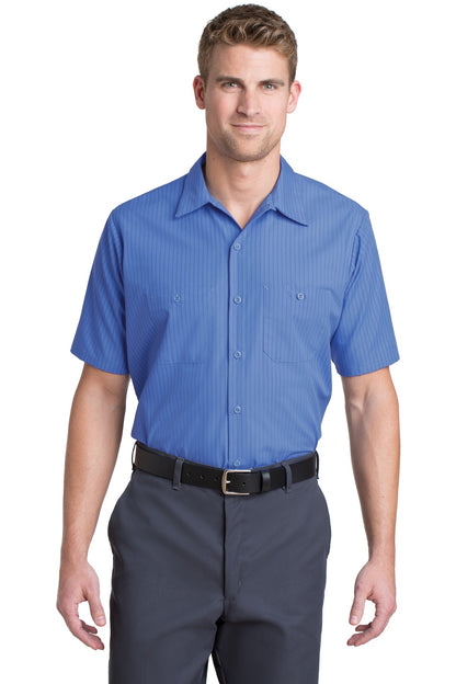 Front View of Petrol Bl/Navy Red Kap Short Sleeve Striped Industrial Work Shirt. CS20