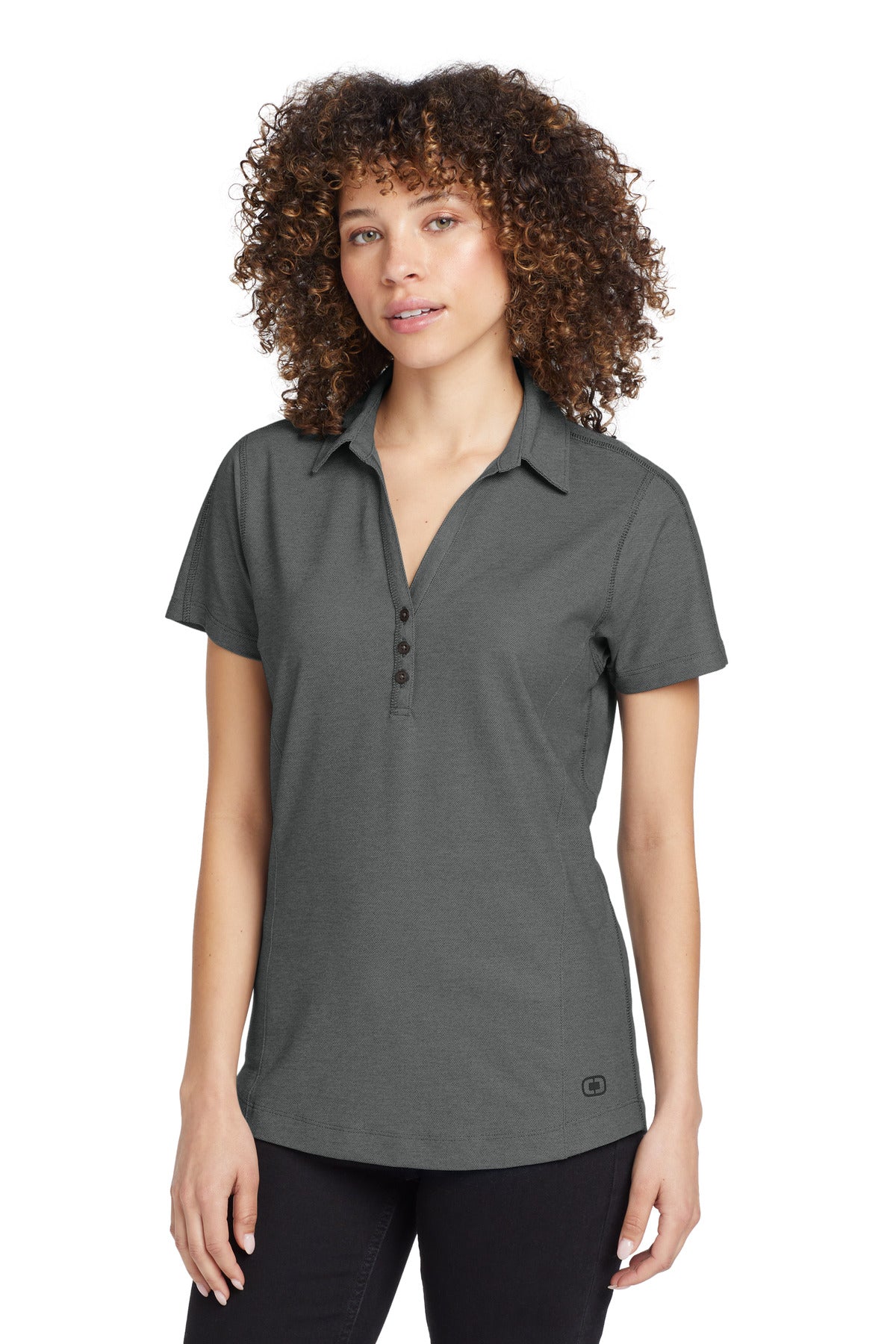 Front View of Petrol Grey OGIO Women's Onyx Polo. LOG126