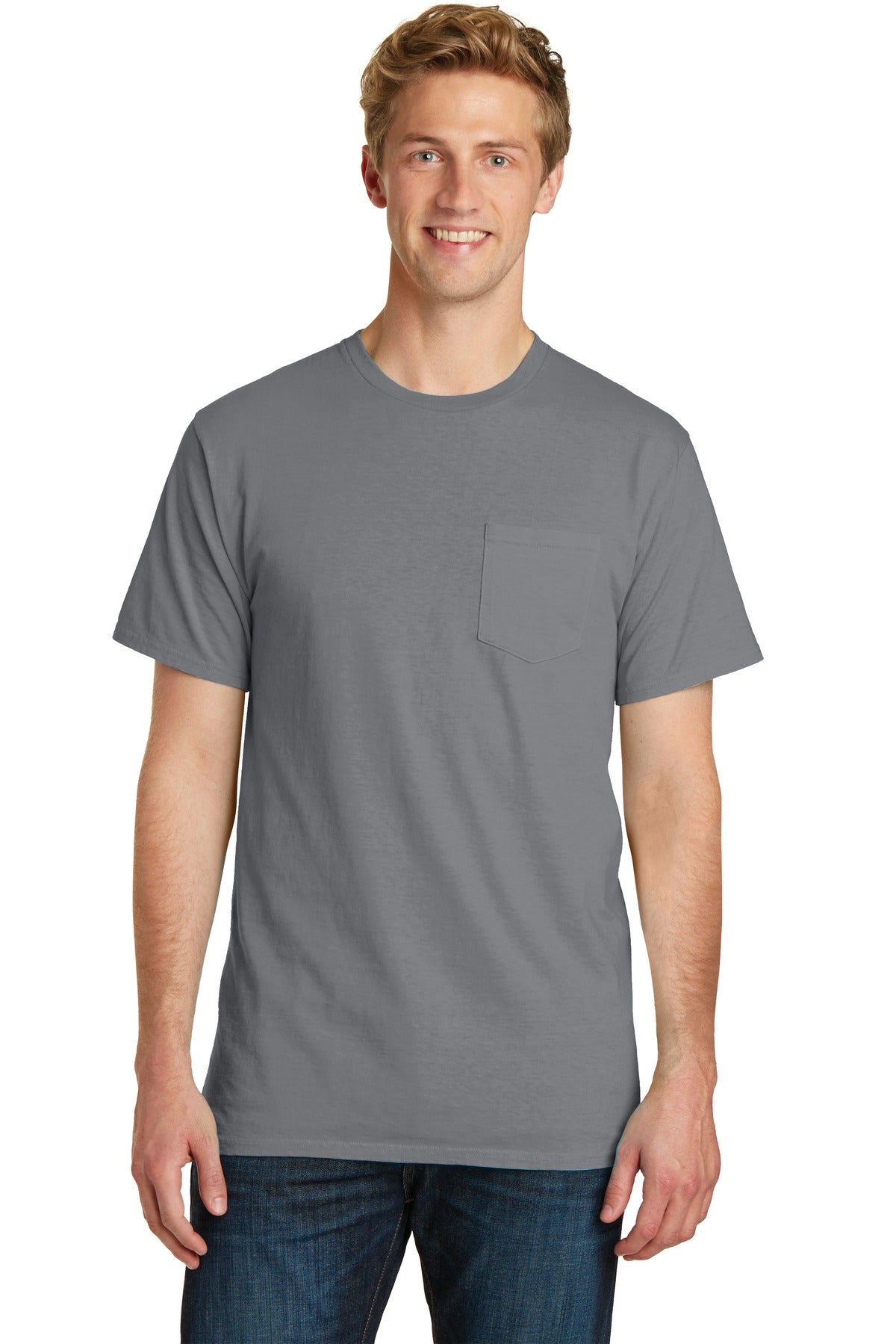 Front View of Pewter Port & Company Beach Wash Garment-Dyed Pocket Tee. PC099P