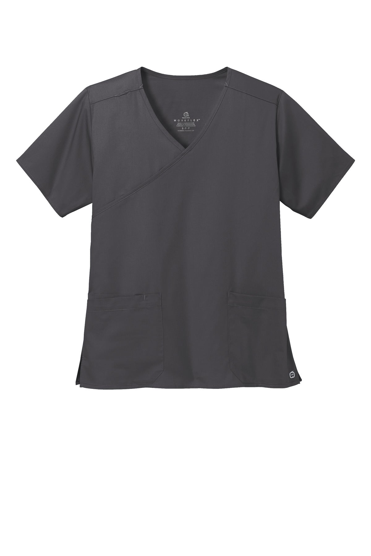 Front View of Pewter Wink Women's WorkFlex Mock Wrap Top WW4760
