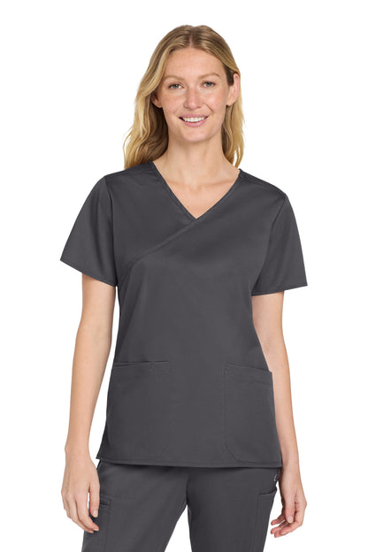 Front View of Pewter Wink Women's WorkFlex Mock Wrap Top WW4760