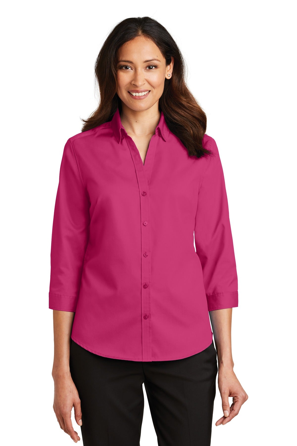 Front View of Pink Azalea Port Authority Women's 3/4-Sleeve SuperPro Twill Shirt. L665