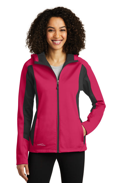 Front View of Pink Lot/Gy St Eddie Bauer Women's Trail Soft Shell Jacket. EB543