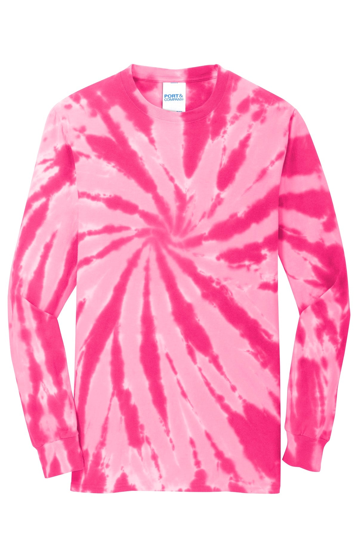 Front View of Pink Port & Company Tie-Dye Long Sleeve Tee. PC147LS
