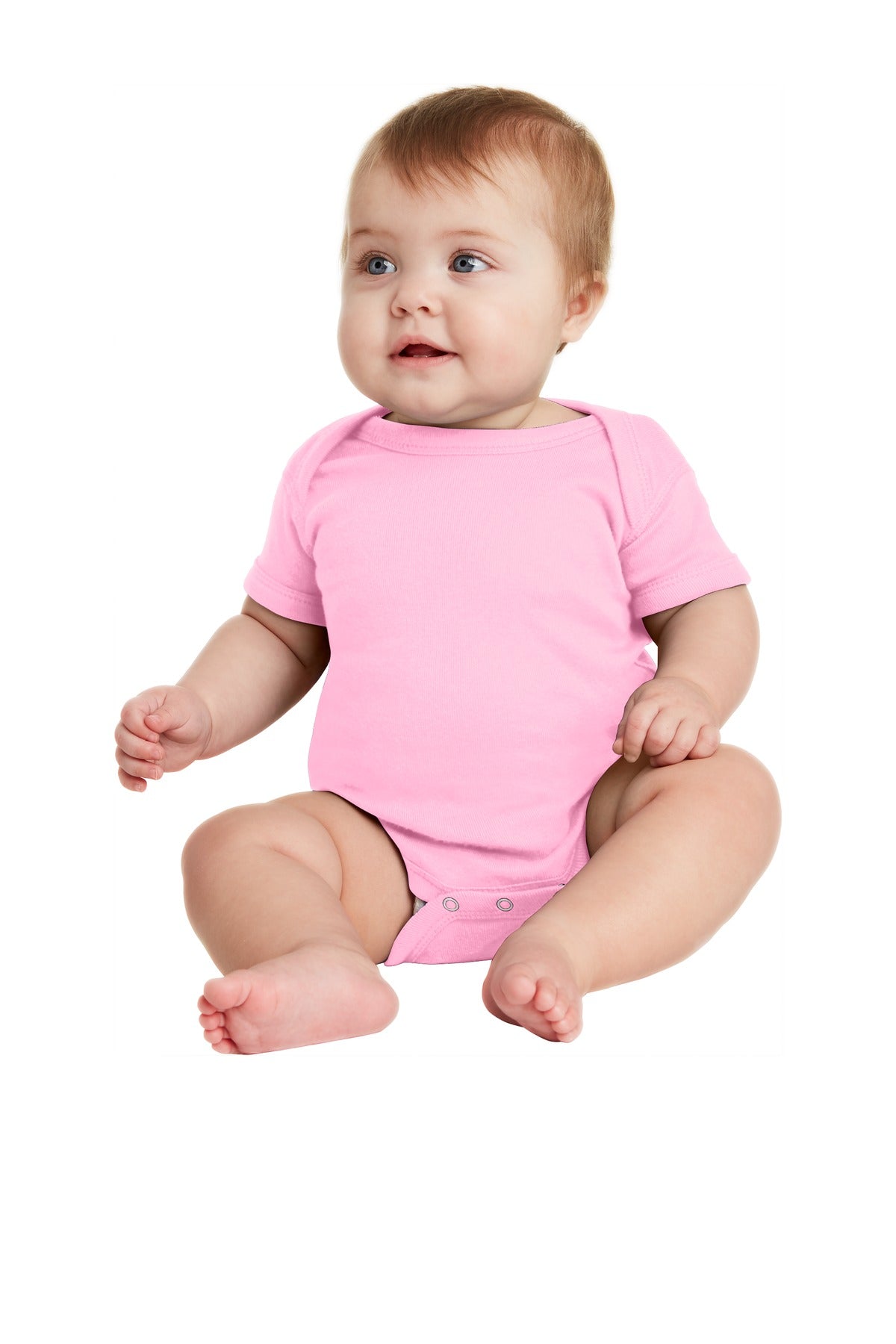Front View of Pink Rabbit Skins Infant Short Sleeve Baby Rib Bodysuit. RS4400