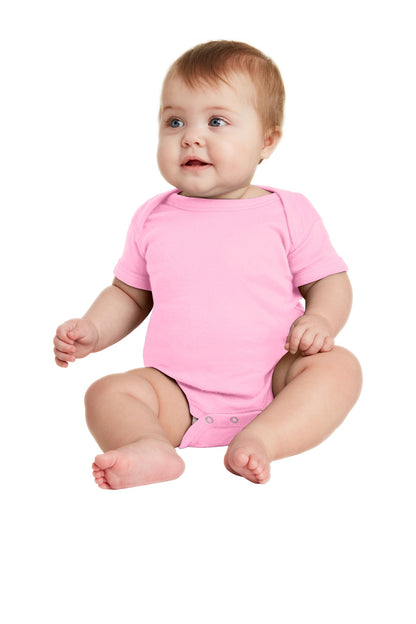 Front View of Pink Rabbit Skins Infant Short Sleeve Baby Rib Bodysuit. RS4400
