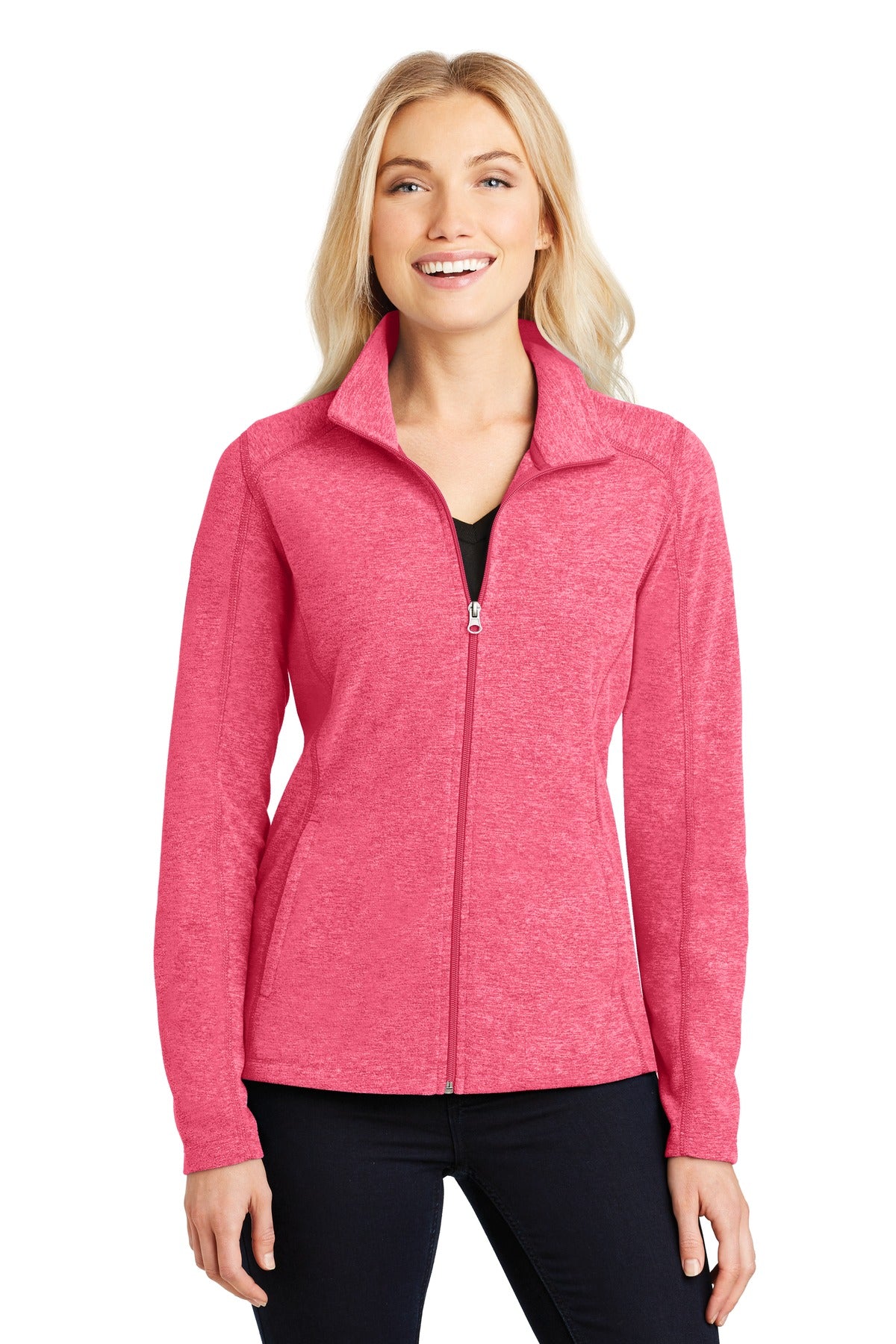 Front View of Pink Rasp Hthr Port Authority Women's Heather Microfleece Full-Zip Jacket. L235