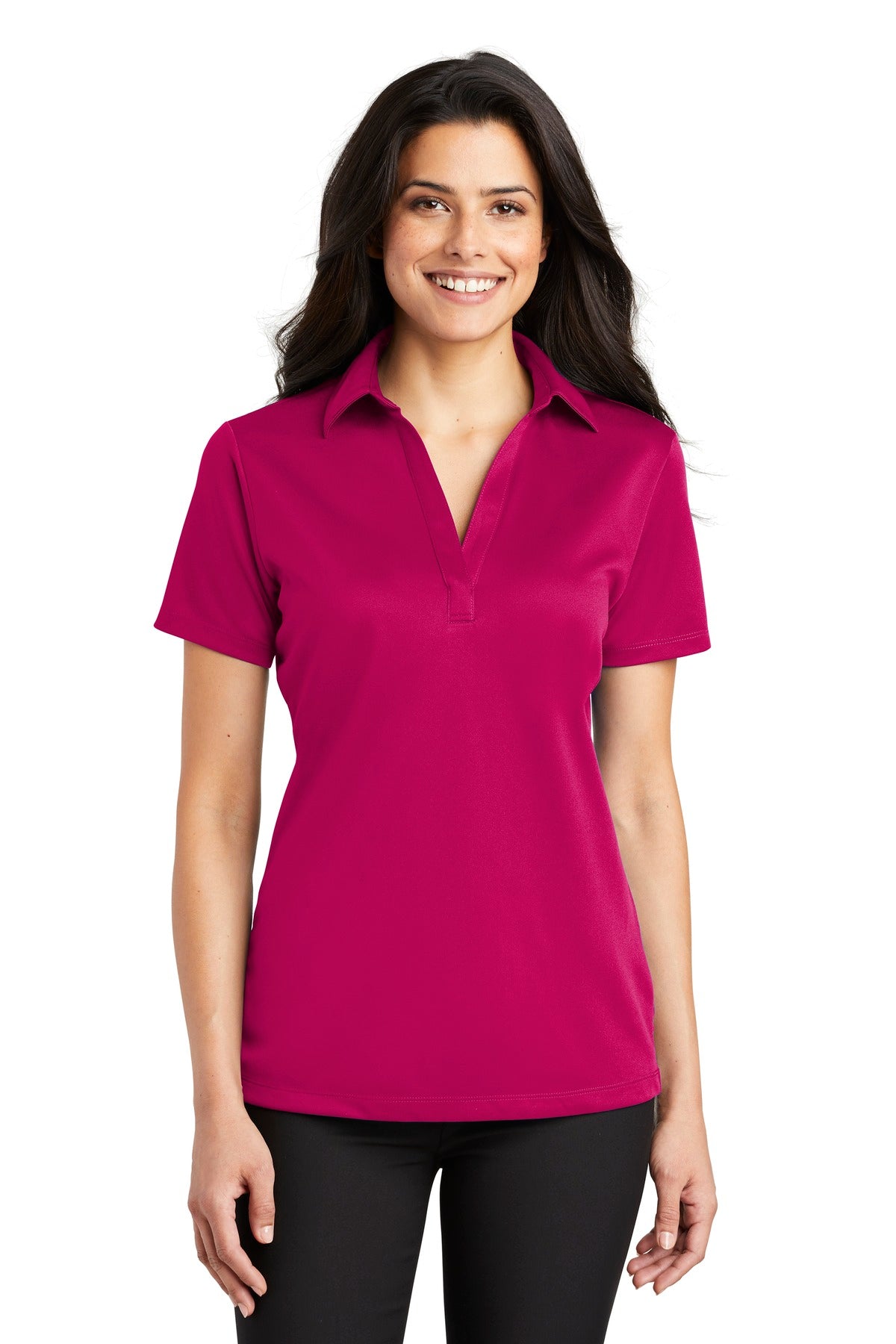 Front View of Pink Raspberry Port Authority Women's Silk Touch Performance Polo. L540