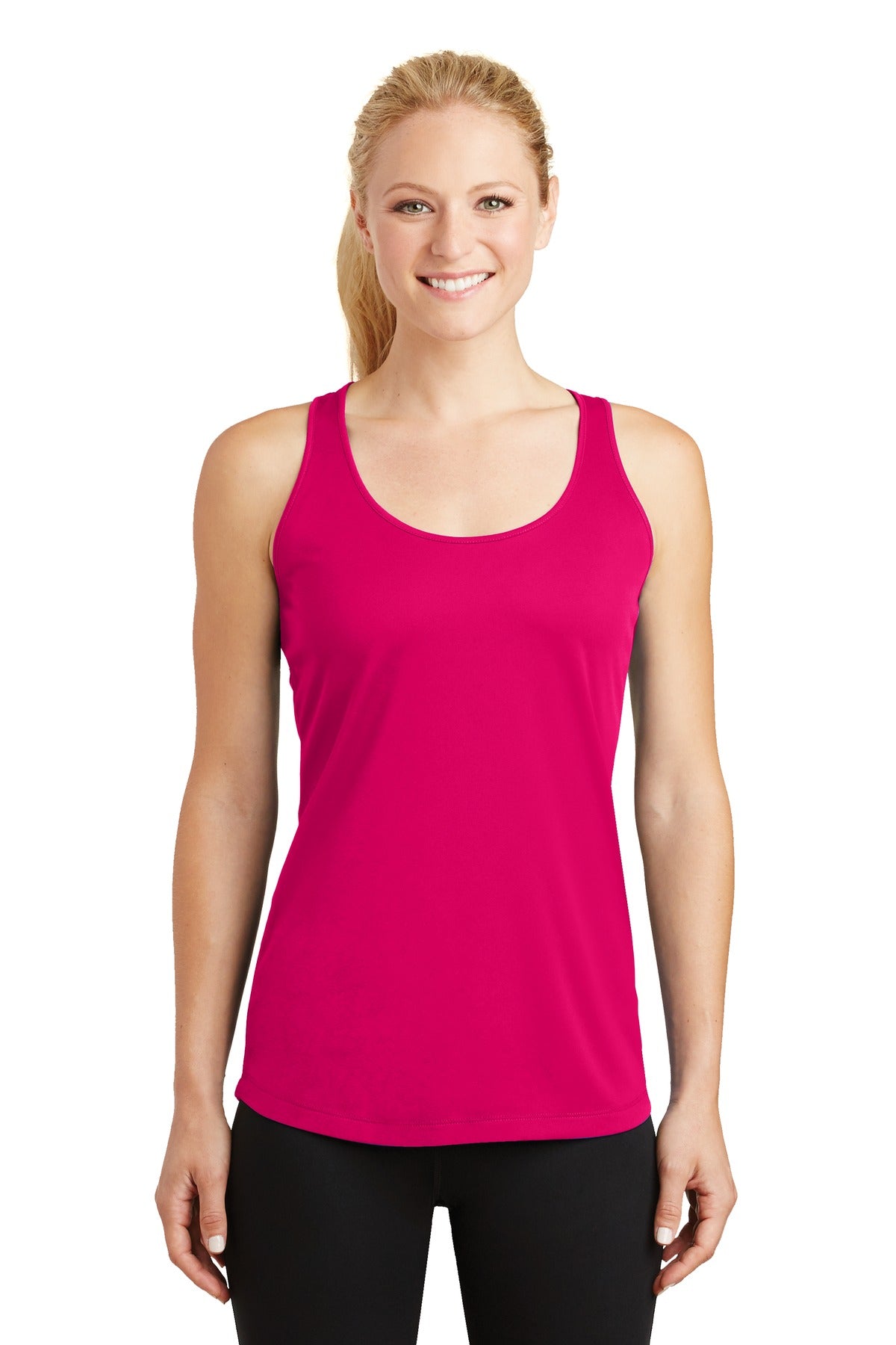 Front View of Pink Raspberry Sport-Tek Women's PosiCharge Competitor Racerback Tank. LST356
